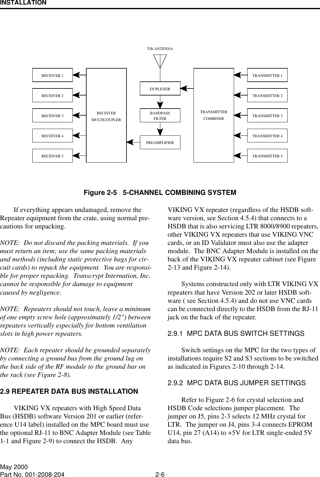 INSTALLATION2-6May 2000Part No. 001-2008-204If everything appears undamaged, remove the Repeater equipment from the crate, using normal pre-cautions for unpacking.NOTE:  Do not discard the packing materials.  If you must return an item; use the same packing materials and methods (including static protective bags for cir-cuit cards) to repack the equipment.  You are responsi-ble for proper repacking.  Transcrypt Internation, Inc. cannot be responsible for damage to equipment caused by negligence.NOTE:  Repeaters should not touch, leave a minimum of one empty screw hole (approximately 1/2&quot;) between repeaters vertically especially for bottom ventilation slots in high power repeaters.NOTE:  Each repeater should be grounded separately by connecting a ground bus from the ground lug on the back side of the RF module to the ground bar on the rack (see Figure 2-8).2.9 REPEATER DATA BUS INSTALLATIONVIKING VX repeaters with High Speed Data Bus (HSDB) software Version 201 or earlier (refer-ence U14 label) installed on the MPC board must use the optional RJ-11 to BNC Adapter Module (see Table 1-1 and Figure 2-9) to connect the HSDB.  Any VIKING VX repeater (regardless of the HSDB soft-ware version, see Section 4.5.4) that connects to a HSDB that is also servicing LTR 8000/8900 repeaters, other VIKING VX repeaters that use VIKING VNC cards, or an ID Validator must also use the adapter module.  The BNC Adapter Module is installed on the back of the VIKING VX repeater cabinet (see Figure 2-13 and Figure 2-14).Systems constructed only with LTR VIKING VX repeaters that have Version 202 or later HSDB soft-ware ( see Section 4.5.4) and do not use VNC cards can be connected directly to the HSDB from the RJ-11 jack on the back of the repeater.2.9.1  MPC DATA BUS SWITCH SETTINGSSwitch settings on the MPC for the two types of installations require S2 and S3 sections to be switched as indicated in Figures 2-10 through 2-14.2.9.2  MPC DATA BUS JUMPER SETTINGSRefer to Figure 2-6 for crystal selection and HSDB Code selections jumper placement.  The jumper on J5, pins 2-3 selects 12 MHz crystal for LTR.  The jumper on J4, pins 3-4 connects EPROM U14, pin 27 (A14) to +5V for LTR single-ended 5V data bus.Figure 2-5   5-CHANNEL COMBINING SYSTEMRECEIVER 1RECEIVER 2RECEIVER 3RECEIVER 4RECEIVER 5RECEIVERMULTICOUPLERPREAMPLIFIERFILTERDUPLEXERTRANSMITTERCOMBINERTRANSMITTER 1TRANSMITTER 2TRANSMITTER 3TRANSMITTER 4TRANSMITTER 5T/R ANTENNABANDPASS