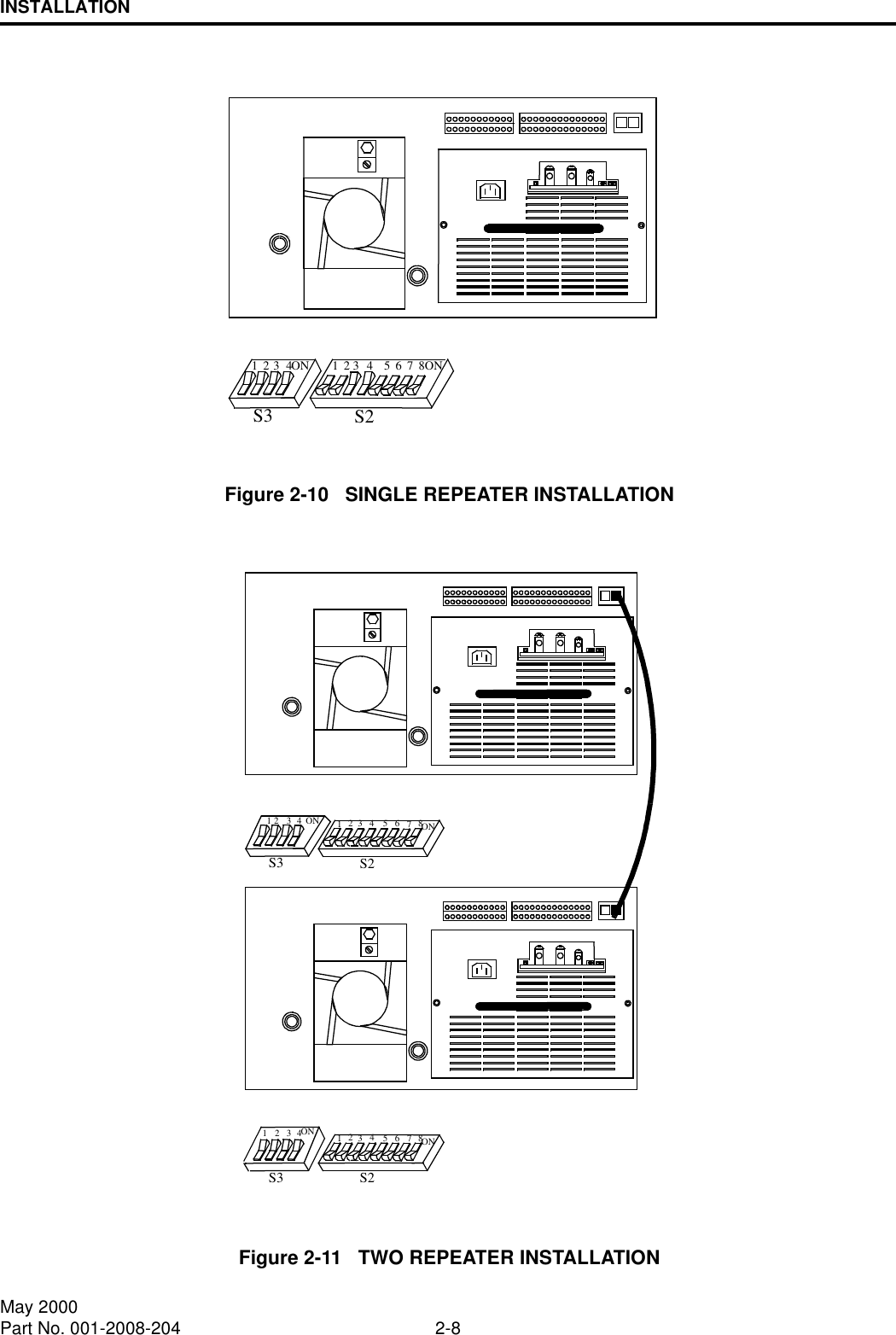 INSTALLATION2-8May 2000Part No. 001-2008-204Figure 2-10   SINGLE REPEATER INSTALLATIONFigure 2-11   TWO REPEATER INSTALLATIONON21876543ON2143S3 S2ONONS3 S2218765432143ONONS3 S2218765432143