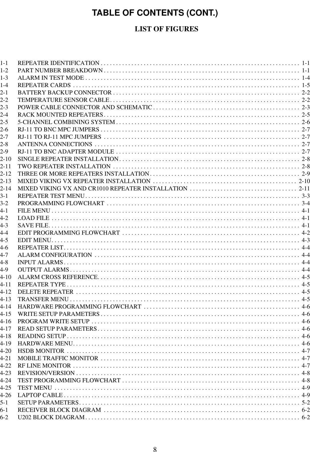 TABLE OF CONTENTS (CONT.)8LIST OF FIGURES1-1 REPEATER IDENTIFICATION . . . . . . . . . . . . . . . . . . . . . . . . . . . . . . . . . . . . . . . . . . . . . . . . . . . . . . . . . . . . . . . . .  1-11-2 PART NUMBER BREAKDOWN . . . . . . . . . . . . . . . . . . . . . . . . . . . . . . . . . . . . . . . . . . . . . . . . . . . . . . . . . . . . . . . .  1-11-3 ALARM IN TEST MODE . . . . . . . . . . . . . . . . . . . . . . . . . . . . . . . . . . . . . . . . . . . . . . . . . . . . . . . . . . . . . . . . . . . . . .  1-41-4 REPEATER CARDS . . . . . . . . . . . . . . . . . . . . . . . . . . . . . . . . . . . . . . . . . . . . . . . . . . . . . . . . . . . . . . . . . . . . . . . . . .  1-52-1 BATTERY BACKUP CONNECTOR . . . . . . . . . . . . . . . . . . . . . . . . . . . . . . . . . . . . . . . . . . . . . . . . . . . . . . . . . . . . .  2-22-2 TEMPERATURE SENSOR CABLE. . . . . . . . . . . . . . . . . . . . . . . . . . . . . . . . . . . . . . . . . . . . . . . . . . . . . . . . . . . . . .  2-22-3 POWER CABLE CONNECTOR AND SCHEMATIC . . . . . . . . . . . . . . . . . . . . . . . . . . . . . . . . . . . . . . . . . . . . . . . .  2-32-4 RACK MOUNTED REPEATERS. . . . . . . . . . . . . . . . . . . . . . . . . . . . . . . . . . . . . . . . . . . . . . . . . . . . . . . . . . . . . . . .  2-52-5 5-CHANNEL COMBINING SYSTEM . . . . . . . . . . . . . . . . . . . . . . . . . . . . . . . . . . . . . . . . . . . . . . . . . . . . . . . . . . . .  2-62-6 RJ-11 TO BNC MPC JUMPERS . . . . . . . . . . . . . . . . . . . . . . . . . . . . . . . . . . . . . . . . . . . . . . . . . . . . . . . . . . . . . . . . .  2-72-7 RJ-11 TO RJ-11 MPC JUMPERS . . . . . . . . . . . . . . . . . . . . . . . . . . . . . . . . . . . . . . . . . . . . . . . . . . . . . . . . . . . . . . . .  2-72-8 ANTENNA CONNECTIONS . . . . . . . . . . . . . . . . . . . . . . . . . . . . . . . . . . . . . . . . . . . . . . . . . . . . . . . . . . . . . . . . . . .  2-72-9 RJ-11 TO BNC ADAPTER MODULE . . . . . . . . . . . . . . . . . . . . . . . . . . . . . . . . . . . . . . . . . . . . . . . . . . . . . . . . . . . .  2-72-10 SINGLE REPEATER INSTALLATION. . . . . . . . . . . . . . . . . . . . . . . . . . . . . . . . . . . . . . . . . . . . . . . . . . . . . . . . . . .  2-82-11 TWO REPEATER INSTALLATION . . . . . . . . . . . . . . . . . . . . . . . . . . . . . . . . . . . . . . . . . . . . . . . . . . . . . . . . . . . . .  2-82-12 THREE OR MORE REPEATERS INSTALLATION. . . . . . . . . . . . . . . . . . . . . . . . . . . . . . . . . . . . . . . . . . . . . . . . .  2-92-13 MIXED VIKING VX REPEATER INSTALLATION  . . . . . . . . . . . . . . . . . . . . . . . . . . . . . . . . . . . . . . . . . . . . . . .  2-102-14 MIXED VIKING VX AND CR1010 REPEATER INSTALLATION  . . . . . . . . . . . . . . . . . . . . . . . . . . . . . . . . . . .  2-113-1 REPEATER TEST MENU. . . . . . . . . . . . . . . . . . . . . . . . . . . . . . . . . . . . . . . . . . . . . . . . . . . . . . . . . . . . . . . . . . . . . .  3-33-2 PROGRAMMING FLOWCHART  . . . . . . . . . . . . . . . . . . . . . . . . . . . . . . . . . . . . . . . . . . . . . . . . . . . . . . . . . . . . . . .  3-44-1 FILE MENU . . . . . . . . . . . . . . . . . . . . . . . . . . . . . . . . . . . . . . . . . . . . . . . . . . . . . . . . . . . . . . . . . . . . . . . . . . . . . . . . .  4-14-2 LOAD FILE . . . . . . . . . . . . . . . . . . . . . . . . . . . . . . . . . . . . . . . . . . . . . . . . . . . . . . . . . . . . . . . . . . . . . . . . . . . . . . . . .  4-14-3 SAVE FILE. . . . . . . . . . . . . . . . . . . . . . . . . . . . . . . . . . . . . . . . . . . . . . . . . . . . . . . . . . . . . . . . . . . . . . . . . . . . . . . . . .  4-14-4 EDIT PROGRAMMING FLOWCHART . . . . . . . . . . . . . . . . . . . . . . . . . . . . . . . . . . . . . . . . . . . . . . . . . . . . . . . . . .  4-24-5 EDIT MENU. . . . . . . . . . . . . . . . . . . . . . . . . . . . . . . . . . . . . . . . . . . . . . . . . . . . . . . . . . . . . . . . . . . . . . . . . . . . . . . . .  4-34-6 REPEATER LIST. . . . . . . . . . . . . . . . . . . . . . . . . . . . . . . . . . . . . . . . . . . . . . . . . . . . . . . . . . . . . . . . . . . . . . . . . . . . .  4-44-7 ALARM CONFIGURATION  . . . . . . . . . . . . . . . . . . . . . . . . . . . . . . . . . . . . . . . . . . . . . . . . . . . . . . . . . . . . . . . . . . .  4-44-8 INPUT ALARMS . . . . . . . . . . . . . . . . . . . . . . . . . . . . . . . . . . . . . . . . . . . . . . . . . . . . . . . . . . . . . . . . . . . . . . . . . . . . .  4-44-9 OUTPUT ALARMS . . . . . . . . . . . . . . . . . . . . . . . . . . . . . . . . . . . . . . . . . . . . . . . . . . . . . . . . . . . . . . . . . . . . . . . . . . .  4-44-10 ALARM CROSS REFERENCE. . . . . . . . . . . . . . . . . . . . . . . . . . . . . . . . . . . . . . . . . . . . . . . . . . . . . . . . . . . . . . . . . .  4-54-11 REPEATER TYPE . . . . . . . . . . . . . . . . . . . . . . . . . . . . . . . . . . . . . . . . . . . . . . . . . . . . . . . . . . . . . . . . . . . . . . . . . . . .  4-54-12 DELETE REPEATER  . . . . . . . . . . . . . . . . . . . . . . . . . . . . . . . . . . . . . . . . . . . . . . . . . . . . . . . . . . . . . . . . . . . . . . . . .  4-54-13 TRANSFER MENU . . . . . . . . . . . . . . . . . . . . . . . . . . . . . . . . . . . . . . . . . . . . . . . . . . . . . . . . . . . . . . . . . . . . . . . . . . .  4-54-14 HARDWARE PROGRAMMING FLOWCHART . . . . . . . . . . . . . . . . . . . . . . . . . . . . . . . . . . . . . . . . . . . . . . . . . . .  4-64-15 WRITE SETUP PARAMETERS . . . . . . . . . . . . . . . . . . . . . . . . . . . . . . . . . . . . . . . . . . . . . . . . . . . . . . . . . . . . . . . . .  4-64-16 PROGRAM WRITE SETUP . . . . . . . . . . . . . . . . . . . . . . . . . . . . . . . . . . . . . . . . . . . . . . . . . . . . . . . . . . . . . . . . . . . .  4-64-17 READ SETUP PARAMETERS. . . . . . . . . . . . . . . . . . . . . . . . . . . . . . . . . . . . . . . . . . . . . . . . . . . . . . . . . . . . . . . . . .  4-64-18 READING SETUP . . . . . . . . . . . . . . . . . . . . . . . . . . . . . . . . . . . . . . . . . . . . . . . . . . . . . . . . . . . . . . . . . . . . . . . . . . . .  4-64-19 HARDWARE MENU. . . . . . . . . . . . . . . . . . . . . . . . . . . . . . . . . . . . . . . . . . . . . . . . . . . . . . . . . . . . . . . . . . . . . . . . . .  4-64-20 HSDB MONITOR  . . . . . . . . . . . . . . . . . . . . . . . . . . . . . . . . . . . . . . . . . . . . . . . . . . . . . . . . . . . . . . . . . . . . . . . . . . . .  4-74-21 MOBILE TRAFFIC MONITOR . . . . . . . . . . . . . . . . . . . . . . . . . . . . . . . . . . . . . . . . . . . . . . . . . . . . . . . . . . . . . . . . .  4-74-22 RF LINE MONITOR . . . . . . . . . . . . . . . . . . . . . . . . . . . . . . . . . . . . . . . . . . . . . . . . . . . . . . . . . . . . . . . . . . . . . . . . . .  4-74-23 REVISION/VERSION . . . . . . . . . . . . . . . . . . . . . . . . . . . . . . . . . . . . . . . . . . . . . . . . . . . . . . . . . . . . . . . . . . . . . . . . .  4-84-24 TEST PROGRAMMING FLOWCHART . . . . . . . . . . . . . . . . . . . . . . . . . . . . . . . . . . . . . . . . . . . . . . . . . . . . . . . . . .  4-84-25 TEST MENU  . . . . . . . . . . . . . . . . . . . . . . . . . . . . . . . . . . . . . . . . . . . . . . . . . . . . . . . . . . . . . . . . . . . . . . . . . . . . . . . .  4-94-26 LAPTOP CABLE . . . . . . . . . . . . . . . . . . . . . . . . . . . . . . . . . . . . . . . . . . . . . . . . . . . . . . . . . . . . . . . . . . . . . . . . . . . . .  4-95-1 SETUP PARAMETERS. . . . . . . . . . . . . . . . . . . . . . . . . . . . . . . . . . . . . . . . . . . . . . . . . . . . . . . . . . . . . . . . . . . . . . . .  5-26-1 RECEIVER BLOCK DIAGRAM  . . . . . . . . . . . . . . . . . . . . . . . . . . . . . . . . . . . . . . . . . . . . . . . . . . . . . . . . . . . . . . . .  6-26-2 U202 BLOCK DIAGRAM. . . . . . . . . . . . . . . . . . . . . . . . . . . . . . . . . . . . . . . . . . . . . . . . . . . . . . . . . . . . . . . . . . . . . .  6-2