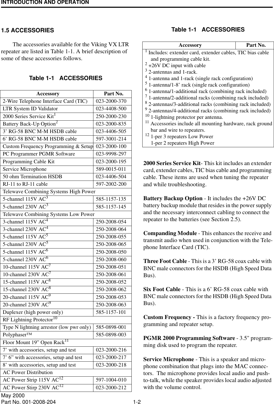 INTRODUCTION AND OPERATION1-2May 2000Part No. 001-2008-2041.5 ACCESSORIESThe accessories available for the Viking VX LTR repeater are listed in Table 1-1. A brief description of some of these accessories follows. 2000 Series Service Kit- This kit includes an extender card, extender cables, TIC bias cable and programming cable. These items are used when tuning the repeater and while troubleshooting.Battery Backup Option - It includes the +26V DC battery backup module that resides in the power supply and the necessary interconnect cabling to connect the repeater to the batteries (see Section 2.5).Companding Module - This enhances the receive and transmit audio when used in conjunction with the Tele-phone Interface Card (TIC).Three Foot Cable - This is a 3’ RG-58 coax cable with BNC male connectors for the HSDB (High Speed Data Bus).Six Foot Cable - This is a 6’ RG-58 coax cable with BNC male connectors for the HSDB (High Speed Data Bus).Custom Frequency - This is a factory frequency pro-gramming and repeater setup.PGMR 2000 Programming Software - 3.5&quot; program-ming disk used to program the repeater.Service Microphone - This is a speaker and micro-phone combination that plugs into the MAC connec-tors.  The microphone provides local audio and push-to-talk, while the speaker provides local audio adjusted with the volume control.Table 1-1   ACCESSORIESAccessory Part No.2-Wire Telephone Interface Card (TIC) 023-2000-370LTR System ID Validator 023-4408-5002000 Series Service Kit1250-2000-230Battery Back-Up Option2023-2000-8353’ RG-58 BNC M-M HSDB cable 023-4406-5056’ RG-58 BNC M-M HSDB cable 597-3001-214Custom Frequency Programming &amp; Setup 023-2000-100PC Programmer PGMR Software 023-9998-297Programming Cable Kit 023-2000-195Service Microphone 589-0015-01150 ohm Termination HSDB 023-4406-504RJ-11 to RJ-11 cable 597-2002-200Telewave Combining Systems High Power5-channel 115V AC3585-1157-1355-channel 230V AC3585-1157-145Telewave Combining Systems Low Power3-channel 115V AC4250-2008-0543-channel 230V AC4250-2008-0645-channel 115V AC5250-2008-0555-channel 230V AC5250-2008-0655-channel 115V AC6250-2008-0505-channel 230V AC6250-2008-06010-channel 115V AC7250-2008-05110-channel 230V AC7250-2008-06115-channel 115V AC8250-2008-05215-channel 230V AC8250-2008-06220-channel 115V AC9250-2008-05320-channel 230V AC9250-2008-063Duplexer (high power only) 585-1157-101RF Lightning Protector10Type N lightning arrestor (low pwr only) 585-0898-001Polyphaser™585-0898-003Floor Mount 19” Open Rack117’ with accessories, setup and test 023-2000-2167’ 6” with accessories, setup and test 023-2000-2178’ with accessories, setup and test 023-2000-218AC Power DistributionAC Power Strip 115V AC12 597-1004-010AC Power Stirp 230V AC12 023-2000-2121 Includes: extender card, extender cables, TIC bias cable and programming cable kit.2 +26V DC input with cable3 2-antennas and 1-rack.4 1-antenna and 1-rack (single rack configuration)5 1-antenna/1-8’ rack (single rack configuration)6 1-antenna/1-additional rack (combining rack included)7 1-antenna/2-additional racks (combining rack included)8 2-antennas/3-additional racks (combining rack included)9 2-antennas/4-additional racks (combining rack included)10 1-lightning protector per antenna.11 Accessories include all mounting hardware, rack ground bar and wire to repeaters.12 1-per 3 repeaters Low Power1-per 2 repeaters High PowerTable 1-1   ACCESSORIESAccessory Part No.