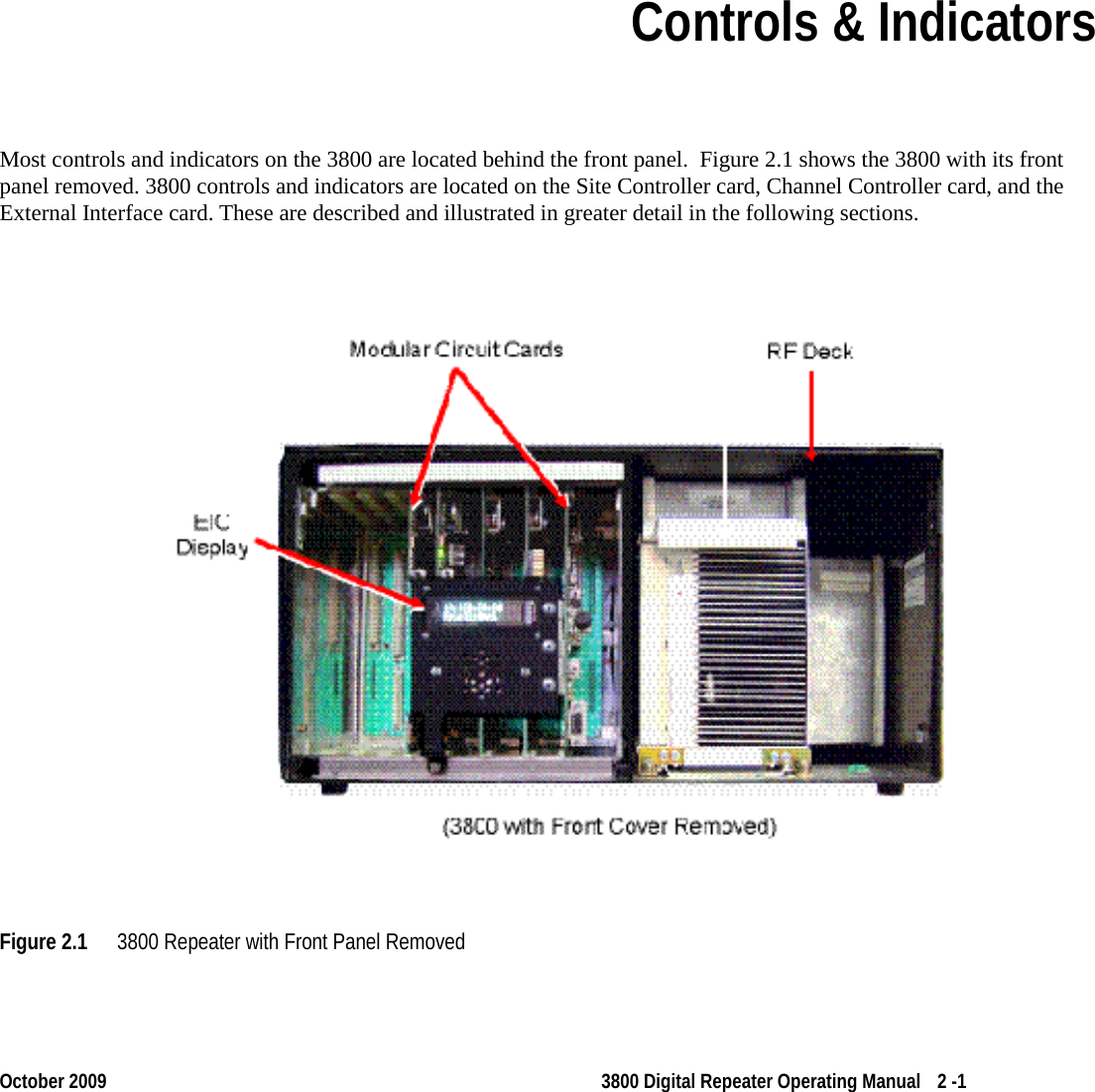  October 2009 3800 Digital Repeater Operating Manual 2 -1 Section 2 Section 2Controls &amp; Indicators Most controls and indicators on the 3800 are located behind the front panel.  Figure 2.1 shows the 3800 with its front panel removed. 3800 controls and indicators are located on the Site Controller card, Channel Controller card, and the External Interface card. These are described and illustrated in greater detail in the following sections. Figure 2.1 3800 Repeater with Front Panel Removed 