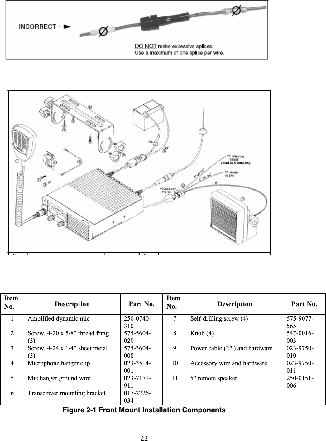 22    Item No.  Description  Part No.  Item No.  Description  Part No.  1   Amplified dynamic mic   250-0740-310  7   Self-drilling screw (4)   575-9077-565  2   Screw, 4-20 x 5/8” thread frmg (3)  575-5604-020  8   Knob (4)   547-0016-003  3   Screw, 4-24 x 1/4” sheet metal (3)  575-3604-008  9   Power cable (22&apos;) and hardware   023-9750-010  4   Microphone hanger clip   023-3514-001  10   Accessory wire and hardware   023-9750-011  5   Mic hanger ground wire   023-7171-911  11   5&quot; remote speaker   250-0151-006  6   Transceiver mounting bracket   017-2226-034       Figure 2-1 Front Mount Installation Components 