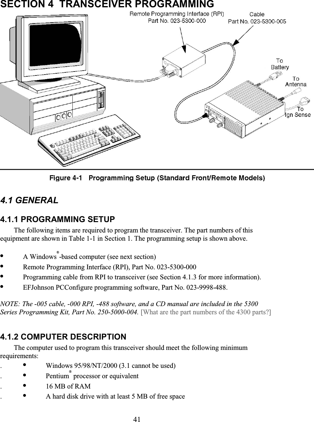 41 SECTION 4  TRANSCEIVER PROGRAMMING   4.1 GENERAL  4.1.1 PROGRAMMING SETUP  The following items are required to program the transceiver. The part numbers of this equipment are shown in Table 1-1 in Section 1. The programming setup is shown above.  •  A Windows®-based computer (see next section)  •  Remote Programming Interface (RPI), Part No. 023-5300-000  •  Programming cable from RPI to transceiver (see Section 4.1.3 for more information).  •  EFJohnson PCConfigure programming software, Part No. 023-9998-488.   NOTE: The -005 cable, -000 RPI, -488 software, and a CD manual are included in the 5300 Series Programming Kit, Part No. 250-5000-004. [What are the part numbers of the 4300 parts?] 4.1.2 COMPUTER DESCRIPTION  The computer used to program this transceiver should meet the following minimum requirements:  . •  Windows 95/98/NT/2000 (3.1 cannot be used)  . •  Pentium® processor or equivalent  . •  16 MB of RAM  . •  A hard disk drive with at least 5 MB of free space  