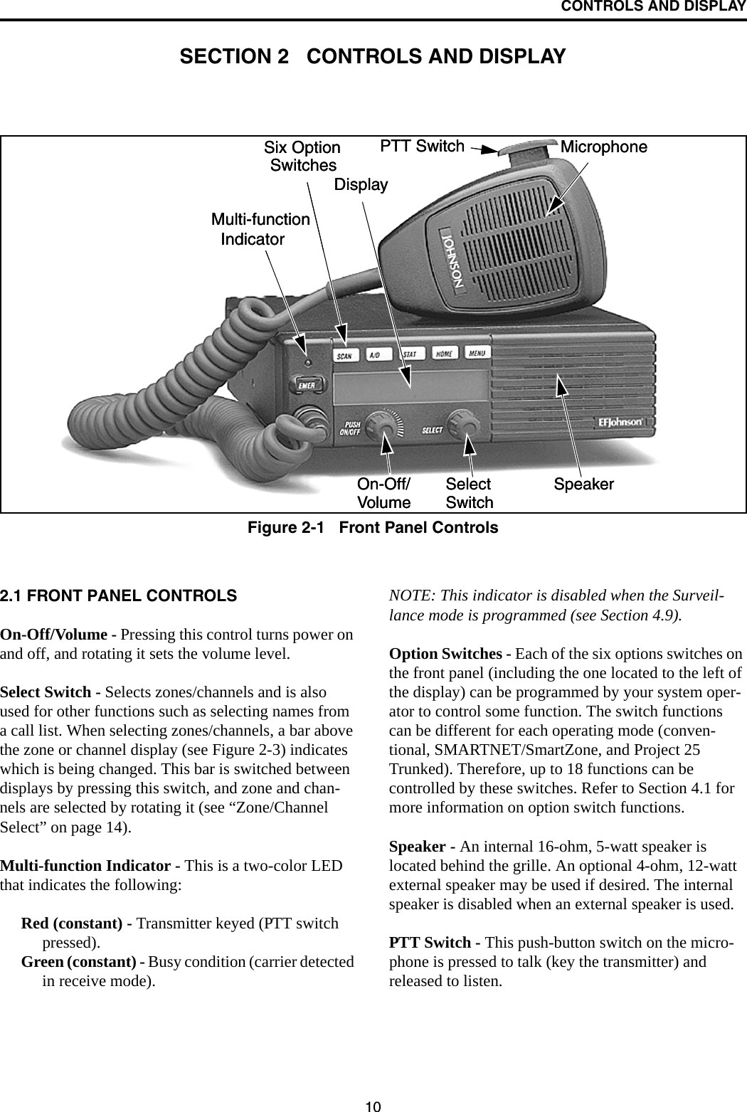 10CONTROLS AND DISPLAYSECTION 2   CONTROLS AND DISPLAYFigure 2-1   Front Panel ControlsSix OptionSwitchesDisplayMicrophonePTT SwitchSpeakerSelectSwitchOn-Off/VolumeMulti-functionIndicatorSix OptionSwitchesDisplayMicrophonePTT SwitchSpeakerSelectSwitchOn-Off/VolumeMulti-functionIndicator2.1 FRONT PANEL CONTROLSOn-Off/Volume - Pressing this control turns power on and off, and rotating it sets the volume level.Select Switch - Selects zones/channels and is also used for other functions such as selecting names from a call list. When selecting zones/channels, a bar above the zone or channel display (see Figure 2-3) indicates which is being changed. This bar is switched between displays by pressing this switch, and zone and chan-nels are selected by rotating it (see “Zone/Channel Select” on page 14). Multi-function Indicator - This is a two-color LED that indicates the following:Red (constant) - Transmitter keyed (PTT switch pressed).Green (constant) - Busy condition (carrier detected in receive mode).NOTE: This indicator is disabled when the Surveil-lance mode is programmed (see Section 4.9).Option Switches - Each of the six options switches on the front panel (including the one located to the left of the display) can be programmed by your system oper-ator to control some function. The switch functions can be different for each operating mode (conven-tional, SMARTNET/SmartZone, and Project 25 Trunked). Therefore, up to 18 functions can be controlled by these switches. Refer to Section 4.1 for more information on option switch functions.Speaker - An internal 16-ohm, 5-watt speaker is located behind the grille. An optional 4-ohm, 12-watt external speaker may be used if desired. The internal speaker is disabled when an external speaker is used.PTT Switch - This push-button switch on the micro-phone is pressed to talk (key the transmitter) and released to listen.