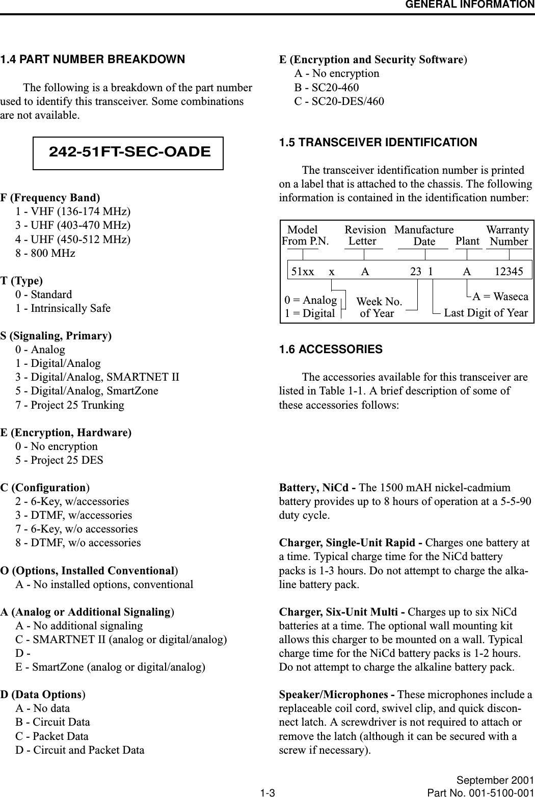 GENERAL INFORMATION1-3 September 2001Part No. 001-5100-0011.4 PART NUMBER BREAKDOWNThe following is a breakdown of the part number used to identify this transceiver. Some combinations are not available.F (Frequency Band)1 - VHF (136-174 MHz)3 - UHF (403-470 MHz)4 - UHF (450-512 MHz)8 - 800 MHzT (Type)0 - Standard1 - Intrinsically SafeS (Signaling, Primary)0 - Analog1 - Digital/Analog3 - Digital/Analog, SMARTNET II5 - Digital/Analog, SmartZone7 - Project 25 TrunkingE (Encryption, Hardware)0 - No encryption5 - Project 25 DESC (Configuration)2 - 6-Key, w/accessories3 - DTMF, w/accessories7 - 6-Key, w/o accessories8 - DTMF, w/o accessoriesO (Options, Installed Conventional)A - No installed options, conventionalA (Analog or Additional Signaling)A - No additional signalingC - SMARTNET II (analog or digital/analog)D - E - SmartZone (analog or digital/analog)D (Data Options)A - No dataB - Circuit DataC - Packet DataD - Circuit and Packet DataE (Encryption and Security Software)A - No encryptionB - SC20-460C - SC20-DES/4601.5 TRANSCEIVER IDENTIFICATIONThe transceiver identification number is printed on a label that is attached to the chassis. The following information is contained in the identification number:1.6 ACCESSORIESThe accessories available for this transceiver are listed in Table 1-1. A brief description of some of these accessories follows: Battery, NiCd - The 1500 mAH nickel-cadmium battery provides up to 8 hours of operation at a 5-5-90 duty cycle.Charger, Single-Unit Rapid - Charges one battery at a time. Typical charge time for the NiCd battery packs is 1-3 hours. Do not attempt to charge the alka-line battery pack.Charger, Six-Unit Multi - Charges up to six NiCd batteries at a time. The optional wall mounting kit allows this charger to be mounted on a wall. Typical charge time for the NiCd battery packs is 1-2 hours. Do not attempt to charge the alkaline battery pack.Speaker/Microphones - These microphones include a replaceable coil cord, swivel clip, and quick discon-nect latch. A screwdriver is not required to attach or remove the latch (although it can be secured with a screw if necessary). 242-51FT-SEC-OADE51xx     x         A              23  1          A        12345Model RevisionLetterManufactureDateWarrantyNumberWeek No.of Year Last Digit of YearA = Waseca PlantFrom P.N.0 = Analog1 = Digital