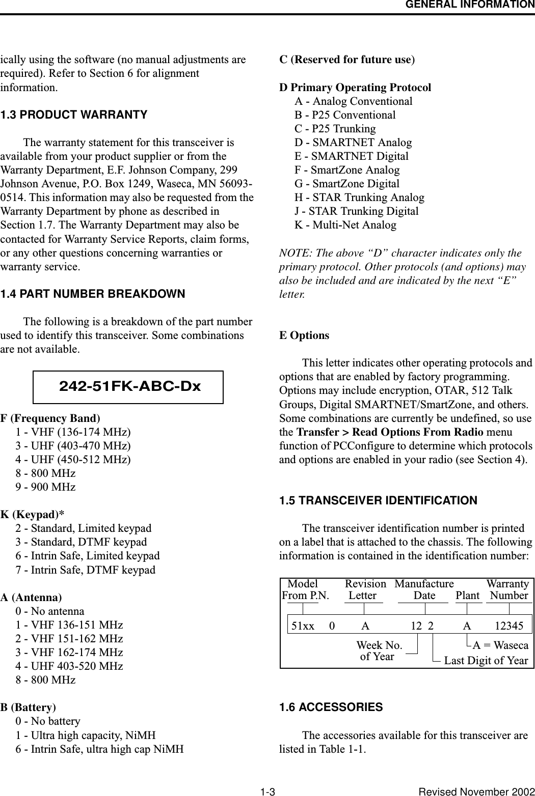 GENERAL INFORMATION1-3 Revised November 2002ically using the software (no manual adjustments are required). Refer to Section 6 for alignment information.1.3 PRODUCT WARRANTYThe warranty statement for this transceiver is available from your product supplier or from the Warranty Department, E.F. Johnson Company, 299 Johnson Avenue, P.O. Box 1249, Waseca, MN 56093-0514. This information may also be requested from the Warranty Department by phone as described in Section 1.7. The Warranty Department may also be contacted for Warranty Service Reports, claim forms, or any other questions concerning warranties or warranty service.1.4 PART NUMBER BREAKDOWNThe following is a breakdown of the part number used to identify this transceiver. Some combinations are not available.F (Frequency Band)1 - VHF (136-174 MHz)3 - UHF (403-470 MHz)4 - UHF (450-512 MHz)8 - 800 MHz9 - 900 MHzK (Keypad)*2 - Standard, Limited keypad3 - Standard, DTMF keypad6 - Intrin Safe, Limited keypad7 - Intrin Safe, DTMF keypadA (Antenna)0 - No antenna1 - VHF 136-151 MHz2 - VHF 151-162 MHz3 - VHF 162-174 MHz4 - UHF 403-520 MHz8 - 800 MHzB (Battery)0 - No battery1 - Ultra high capacity, NiMH6 - Intrin Safe, ultra high cap NiMHC (Reserved for future use)D Primary Operating ProtocolA - Analog ConventionalB - P25 ConventionalC - P25 TrunkingD - SMARTNET AnalogE - SMARTNET DigitalF - SmartZone AnalogG - SmartZone DigitalH - STAR Trunking AnalogJ - STAR Trunking DigitalK - Multi-Net AnalogNOTE: The above “D” character indicates only the primary protocol. Other protocols (and options) may also be included and are indicated by the next “E” letter.E OptionsThis letter indicates other operating protocols and options that are enabled by factory programming. Options may include encryption, OTAR, 512 Talk Groups, Digital SMARTNET/SmartZone, and others. Some combinations are currently be undefined, so use the Transfer &gt; Read Options From Radio menu function of PCConfigure to determine which protocols and options are enabled in your radio (see Section 4).1.5 TRANSCEIVER IDENTIFICATIONThe transceiver identification number is printed on a label that is attached to the chassis. The following information is contained in the identification number:1.6 ACCESSORIESThe accessories available for this transceiver are listed in Table 1-1. 242-51FK-ABC-Dx51xx     0         A              12  2          A        12345Model RevisionLetterManufactureDateWarrantyNumberWeek No.of Year Last Digit of YearA = Waseca PlantFrom P.N.