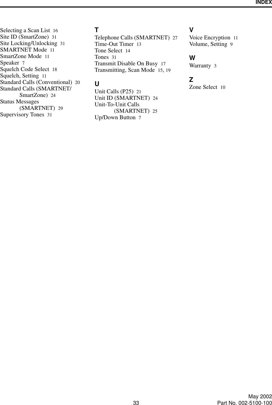 INDEX33 May 2002Part No. 002-5100-100Selecting a Scan List 16Site ID (SmartZone) 31Site Locking/Unlocking 31SMARTNET Mode 11SmartZone Mode 11Speaker 7Squelch Code Select 18Squelch, Setting 11Standard Calls (Conventional) 20Standard Calls (SMARTNET/SmartZone) 24Status Messages (SMARTNET) 29Supervisory Tones 31TTelephone Calls (SMARTNET) 27Time-Out Timer 13Tone Select 14Tones 31Transmit Disable On Busy 17Transmitting, Scan Mode 15, 19UUnit Calls (P25) 21Unit ID (SMARTNET) 24Unit-To-Unit Calls (SMARTNET) 25Up/Down Button 7VVoice Encryption 11Volume, Setting 9WWarranty 3ZZone Select 10