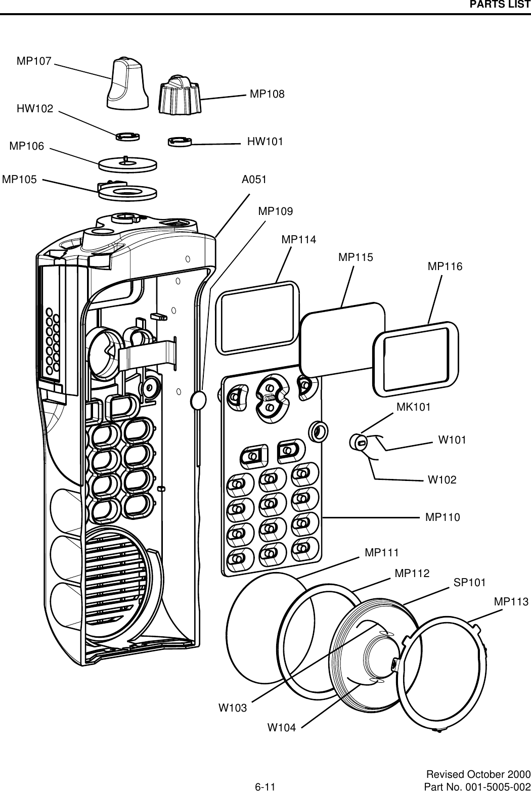 PARTS LIST6-11 Revised October 2000Part No. 001-5005-002MP105MP106HW102MP107MP108HW101A051MP109MP114MP115 MP116MK101W101W102MP110MP111MP112 SP101MP113W104W103