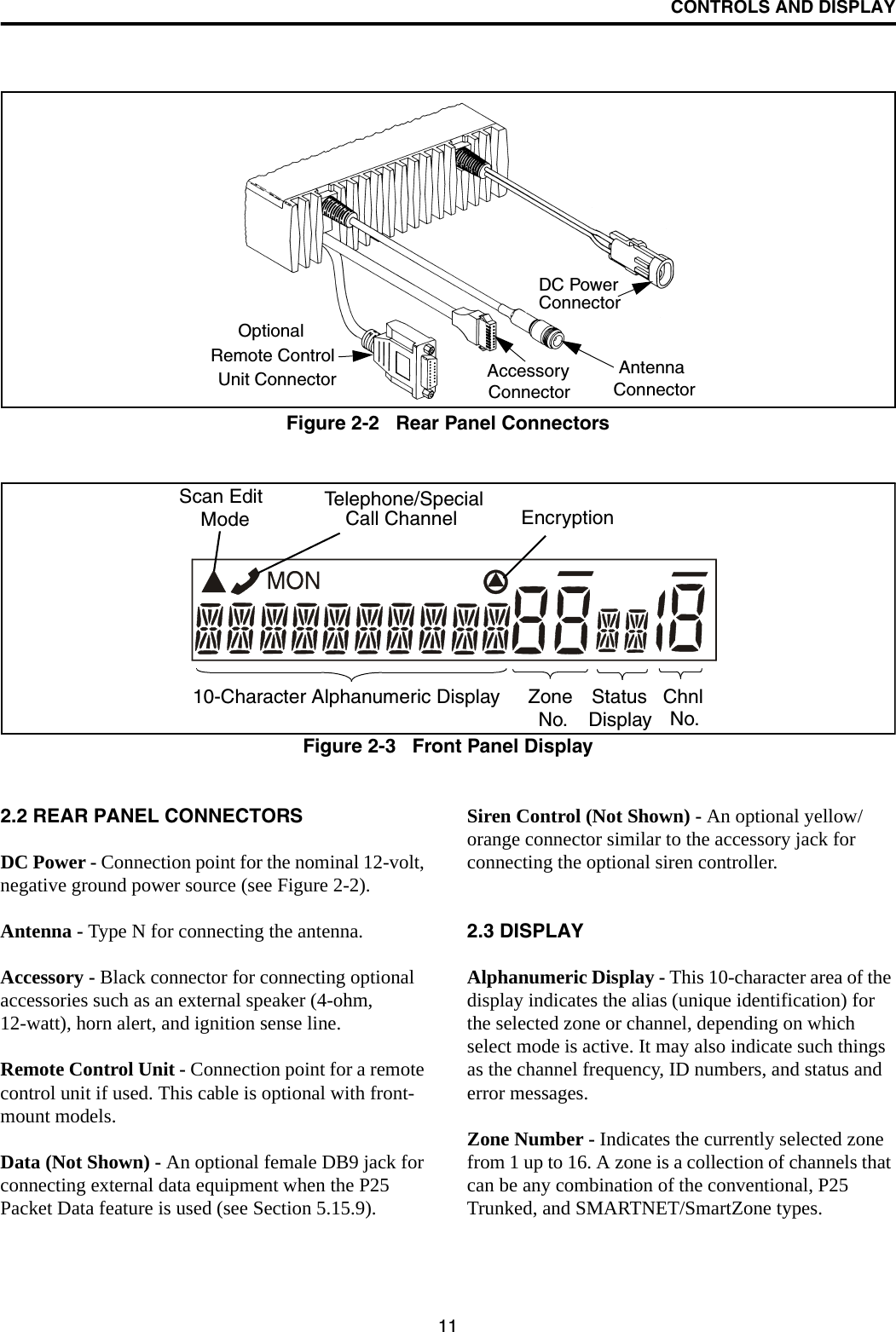 CONTROLS AND DISPLAY11Figure 2-2   Rear Panel ConnectorsFigure 2-3   Front Panel DisplayRemote ControlUnit Connector AccessoryConnectorAntennaConnectorDC PowerConnectorOptionalTelephone/SpecialCall Channel Encryption10-Character Alphanumeric Display ZoneNo.StatusDisplayChnlNo.Scan EditMode2.2 REAR PANEL CONNECTORSDC Power - Connection point for the nominal 12-volt, negative ground power source (see Figure 2-2).Antenna - Type N for connecting the antenna.Accessory - Black connector for connecting optional accessories such as an external speaker (4-ohm, 12-watt), horn alert, and ignition sense line.Remote Control Unit - Connection point for a remote control unit if used. This cable is optional with front-mount models.Data (Not Shown) - An optional female DB9 jack for connecting external data equipment when the P25 Packet Data feature is used (see Section 5.15.9).Siren Control (Not Shown) - An optional yellow/orange connector similar to the accessory jack for connecting the optional siren controller. 2.3 DISPLAYAlphanumeric Display - This 10-character area of the display indicates the alias (unique identification) for the selected zone or channel, depending on which select mode is active. It may also indicate such things as the channel frequency, ID numbers, and status and error messages.Zone Number - Indicates the currently selected zone from 1 up to 16. A zone is a collection of channels that can be any combination of the conventional, P25 Trunked, and SMARTNET/SmartZone types.