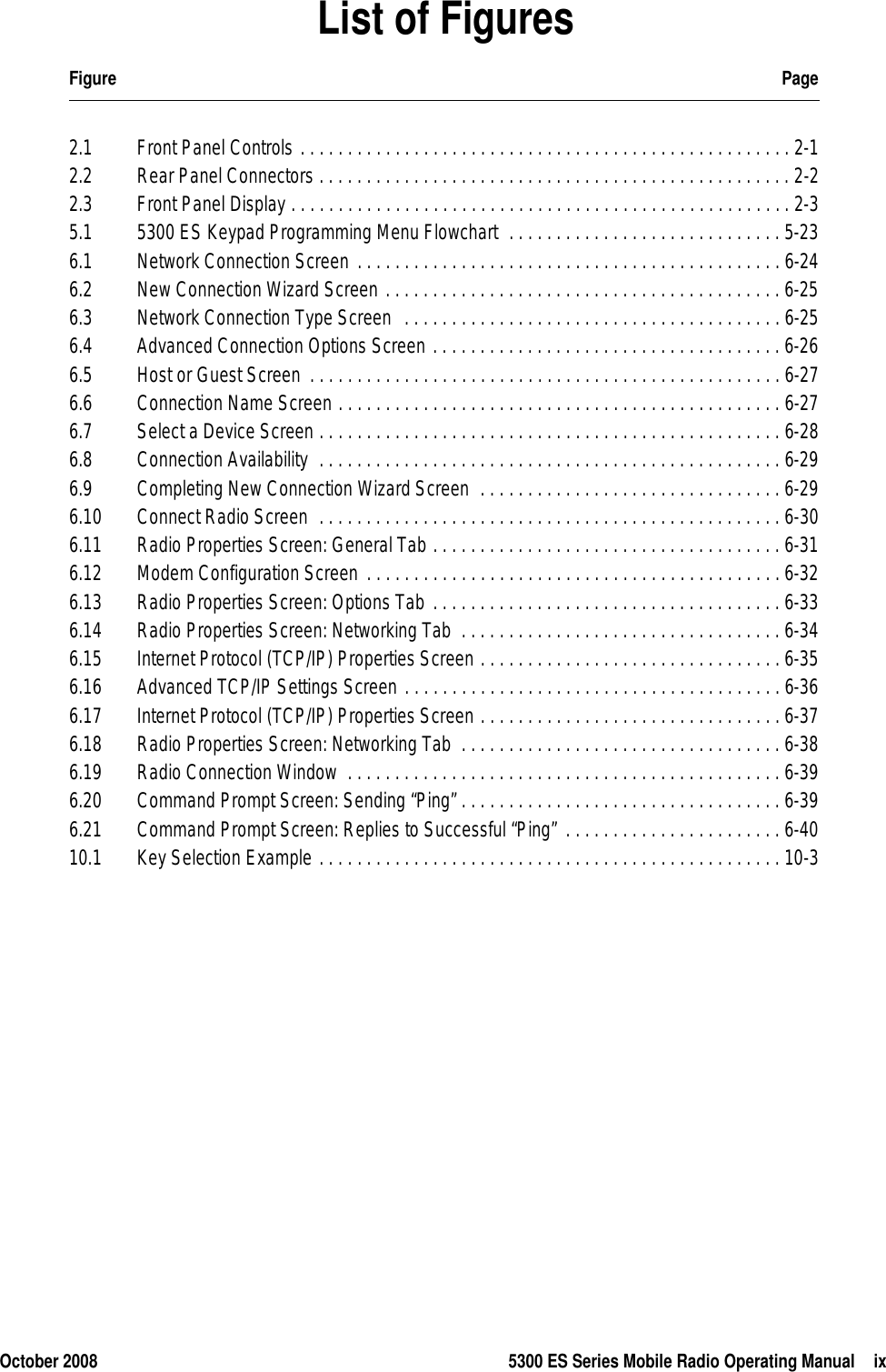 October 2008 5300 ES Series Mobile Radio Operating Manual ixList of FiguresFigure Page2.1  Front Panel Controls . . . . . . . . . . . . . . . . . . . . . . . . . . . . . . . . . . . . . . . . . . . . . . . . . . . . 2-12.2  Rear Panel Connectors . . . . . . . . . . . . . . . . . . . . . . . . . . . . . . . . . . . . . . . . . . . . . . . . . . 2-22.3  Front Panel Display . . . . . . . . . . . . . . . . . . . . . . . . . . . . . . . . . . . . . . . . . . . . . . . . . . . . . 2-35.1  5300 ES Keypad Programming Menu Flowchart  . . . . . . . . . . . . . . . . . . . . . . . . . . . . . 5-236.1  Network Connection Screen . . . . . . . . . . . . . . . . . . . . . . . . . . . . . . . . . . . . . . . . . . . . . 6-246.2  New Connection Wizard Screen . . . . . . . . . . . . . . . . . . . . . . . . . . . . . . . . . . . . . . . . . . 6-256.3  Network Connection Type Screen  . . . . . . . . . . . . . . . . . . . . . . . . . . . . . . . . . . . . . . . . 6-256.4  Advanced Connection Options Screen . . . . . . . . . . . . . . . . . . . . . . . . . . . . . . . . . . . . . 6-266.5  Host or Guest Screen  . . . . . . . . . . . . . . . . . . . . . . . . . . . . . . . . . . . . . . . . . . . . . . . . . . 6-276.6  Connection Name Screen . . . . . . . . . . . . . . . . . . . . . . . . . . . . . . . . . . . . . . . . . . . . . . . 6-276.7  Select a Device Screen . . . . . . . . . . . . . . . . . . . . . . . . . . . . . . . . . . . . . . . . . . . . . . . . . 6-286.8  Connection Availability  . . . . . . . . . . . . . . . . . . . . . . . . . . . . . . . . . . . . . . . . . . . . . . . . . 6-296.9  Completing New Connection Wizard Screen  . . . . . . . . . . . . . . . . . . . . . . . . . . . . . . . . 6-296.10  Connect Radio Screen  . . . . . . . . . . . . . . . . . . . . . . . . . . . . . . . . . . . . . . . . . . . . . . . . . 6-306.11  Radio Properties Screen: General Tab . . . . . . . . . . . . . . . . . . . . . . . . . . . . . . . . . . . . . 6-316.12  Modem Configuration Screen . . . . . . . . . . . . . . . . . . . . . . . . . . . . . . . . . . . . . . . . . . . . 6-326.13  Radio Properties Screen: Options Tab . . . . . . . . . . . . . . . . . . . . . . . . . . . . . . . . . . . . . 6-336.14  Radio Properties Screen: Networking Tab  . . . . . . . . . . . . . . . . . . . . . . . . . . . . . . . . . . 6-346.15  Internet Protocol (TCP/IP) Properties Screen . . . . . . . . . . . . . . . . . . . . . . . . . . . . . . . . 6-356.16  Advanced TCP/IP Settings Screen . . . . . . . . . . . . . . . . . . . . . . . . . . . . . . . . . . . . . . . . 6-366.17  Internet Protocol (TCP/IP) Properties Screen . . . . . . . . . . . . . . . . . . . . . . . . . . . . . . . . 6-376.18  Radio Properties Screen: Networking Tab  . . . . . . . . . . . . . . . . . . . . . . . . . . . . . . . . . . 6-386.19  Radio Connection Window  . . . . . . . . . . . . . . . . . . . . . . . . . . . . . . . . . . . . . . . . . . . . . . 6-396.20  Command Prompt Screen: Sending “Ping” . . . . . . . . . . . . . . . . . . . . . . . . . . . . . . . . . . 6-396.21  Command Prompt Screen: Replies to Successful “Ping”  . . . . . . . . . . . . . . . . . . . . . . . 6-4010.1  Key Selection Example . . . . . . . . . . . . . . . . . . . . . . . . . . . . . . . . . . . . . . . . . . . . . . . . . 10-3