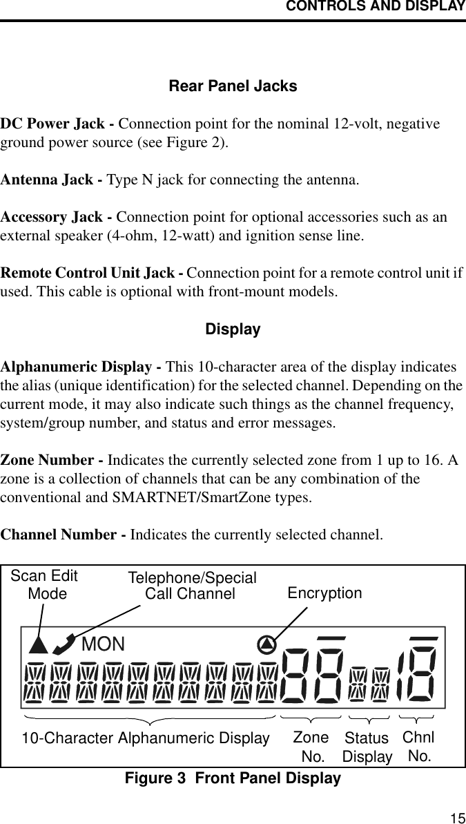 CONTROLS AND DISPLAY15Rear Panel JacksDC Power Jack - Connection point for the nominal 12-volt, negative ground power source (see Figure 2).Antenna Jack - Type N jack for connecting the antenna.Accessory Jack - Connection point for optional accessories such as an external speaker (4-ohm, 12-watt) and ignition sense line.Remote Control Unit Jack - Connection point for a remote control unit if used. This cable is optional with front-mount models.DisplayAlphanumeric Display - This 10-character area of the display indicates the alias (unique identification) for the selected channel. Depending on the current mode, it may also indicate such things as the channel frequency, system/group number, and status and error messages.Zone Number - Indicates the currently selected zone from 1 up to 16. A zone is a collection of channels that can be any combination of theconventional and SMARTNET/SmartZone types.Channel Number - Indicates the currently selected channel.Figure 3  Front Panel DisplayTelephone/SpecialCall Channel Encryption10-Character Alphanumeric Display ZoneNo. StatusDisplay ChnlNo.Scan EditMode