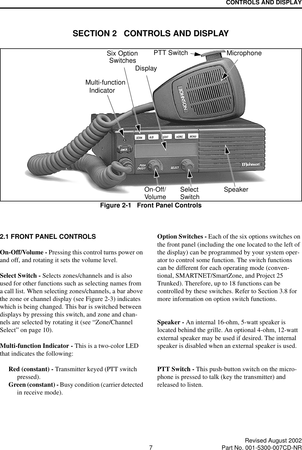 CONTROLS AND DISPLAY7Revised August 2002Part No. 001-5300-007CD-NRSECTION 2   CONTROLS AND DISPLAYFigure 2-1   Front Panel ControlsSix OptionSwitchesDisplayMicrophonePTT SwitchSpeakerSelectSwitchOn-Off/VolumeMulti-functionIndicator2.1 FRONT PANEL CONTROLSOn-Off/Volume - Pressing this control turns power on and off, and rotating it sets the volume level.Select Switch - Selects zones/channels and is also used for other functions such as selecting names from a call list. When selecting zones/channels, a bar above the zone or channel display (see Figure 2-3) indicates which is being changed. This bar is switched between displays by pressing this switch, and zone and chan-nels are selected by rotating it (see “Zone/Channel Select” on page 10). Multi-function Indicator - This is a two-color LED that indicates the following:Red (constant) - Transmitter keyed (PTT switch pressed).Green (constant) - Busy condition (carrier detected in receive mode).Option Switches - Each of the six options switches on the front panel (including the one located to the left of the display) can be programmed by your system oper-ator to control some function. The switch functions can be different for each operating mode (conven-tional, SMARTNET/SmartZone, and Project 25 Trunked). Therefore, up to 18 functions can be controlled by these switches. Refer to Section 3.8 for more information on option switch functions.Speaker - An internal 16-ohm, 5-watt speaker is located behind the grille. An optional 4-ohm, 12-watt external speaker may be used if desired. The internal speaker is disabled when an external speaker is used.PTT Switch - This push-button switch on the micro-phone is pressed to talk (key the transmitter) and released to listen.