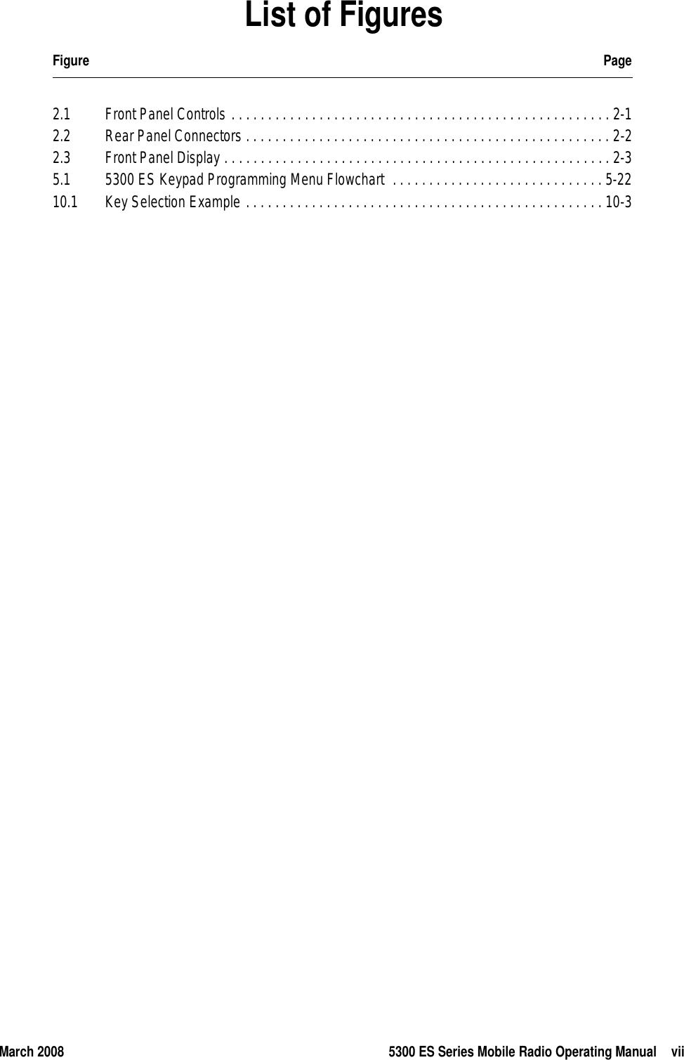 March 2008 5300 ES Series Mobile Radio Operating Manual viiList of FiguresFigure Page2.1  Front Panel Controls . . . . . . . . . . . . . . . . . . . . . . . . . . . . . . . . . . . . . . . . . . . . . . . . . . . . 2-12.2  Rear Panel Connectors . . . . . . . . . . . . . . . . . . . . . . . . . . . . . . . . . . . . . . . . . . . . . . . . . . 2-22.3  Front Panel Display . . . . . . . . . . . . . . . . . . . . . . . . . . . . . . . . . . . . . . . . . . . . . . . . . . . . . 2-35.1  5300 ES Keypad Programming Menu Flowchart  . . . . . . . . . . . . . . . . . . . . . . . . . . . . . 5-2210.1  Key Selection Example . . . . . . . . . . . . . . . . . . . . . . . . . . . . . . . . . . . . . . . . . . . . . . . . . 10-3