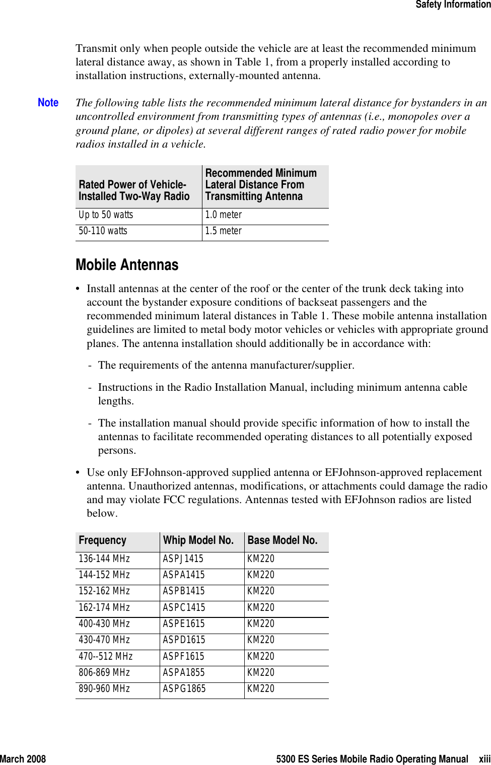 March 2008 5300 ES Series Mobile Radio Operating Manual xiiiSafety InformationTransmit only when people outside the vehicle are at least the recommended minimum lateral distance away, as shown in Table 1, from a properly installed according to installation instructions, externally-mounted antenna.Note The following table lists the recommended minimum lateral distance for bystanders in an uncontrolled environment from transmitting types of antennas (i.e., monopoles over a ground plane, or dipoles) at several different ranges of rated radio power for mobile radios installed in a vehicle.Mobile Antennas• Install antennas at the center of the roof or the center of the trunk deck taking into account the bystander exposure conditions of backseat passengers and the recommended minimum lateral distances in Table 1. These mobile antenna installation guidelines are limited to metal body motor vehicles or vehicles with appropriate ground planes. The antenna installation should additionally be in accordance with:- The requirements of the antenna manufacturer/supplier.- Instructions in the Radio Installation Manual, including minimum antenna cable lengths.- The installation manual should provide specific information of how to install the antennas to facilitate recommended operating distances to all potentially exposed persons.• Use only EFJohnson-approved supplied antenna or EFJohnson-approved replacement antenna. Unauthorized antennas, modifications, or attachments could damage the radio and may violate FCC regulations. Antennas tested with EFJohnson radios are listed below.Rated Power of Vehicle-Installed Two-Way RadioRecommended Minimum Lateral Distance From Transmitting AntennaUp to 50 watts 1.0 meter50-110 watts 1.5 meterFrequency Whip Model No. Base Model No.136-144 MHz ASPJ1415 KM220144-152 MHz ASPA1415 KM220152-162 MHz ASPB1415 KM220162-174 MHz ASPC1415 KM220400-430 MHz ASPE1615 KM220430-470 MHz ASPD1615 KM220470--512 MHz ASPF1615 KM220806-869 MHz ASPA1855 KM220890-960 MHz ASPG1865 KM220