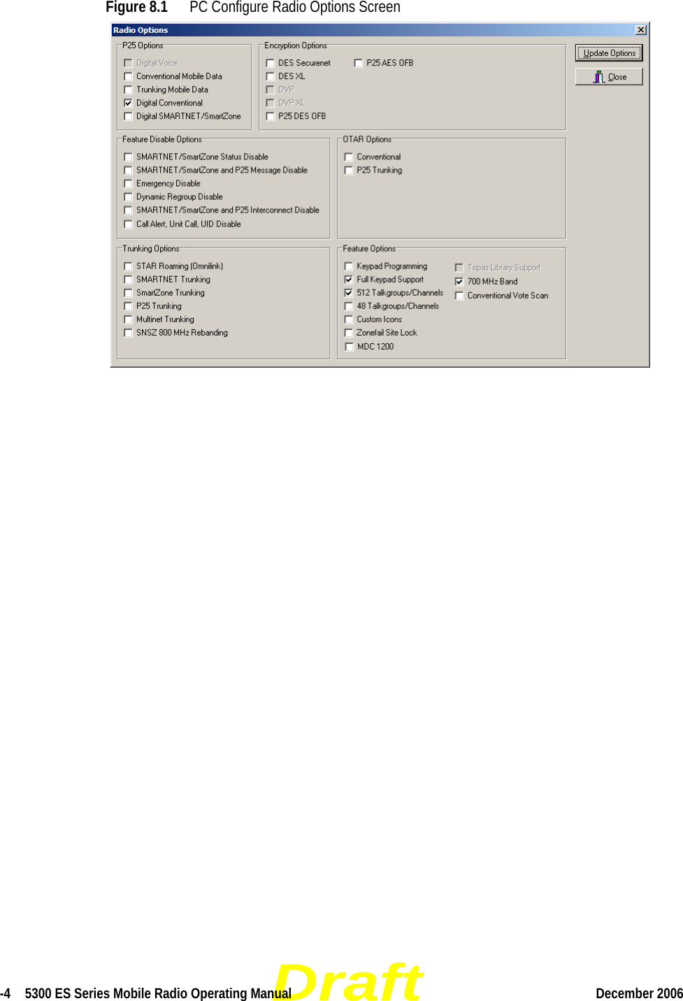 Draft-4  5300 ES Series Mobile Radio Operating Manual December 2006 Figure 8.1 PC Configure Radio Options Screen 