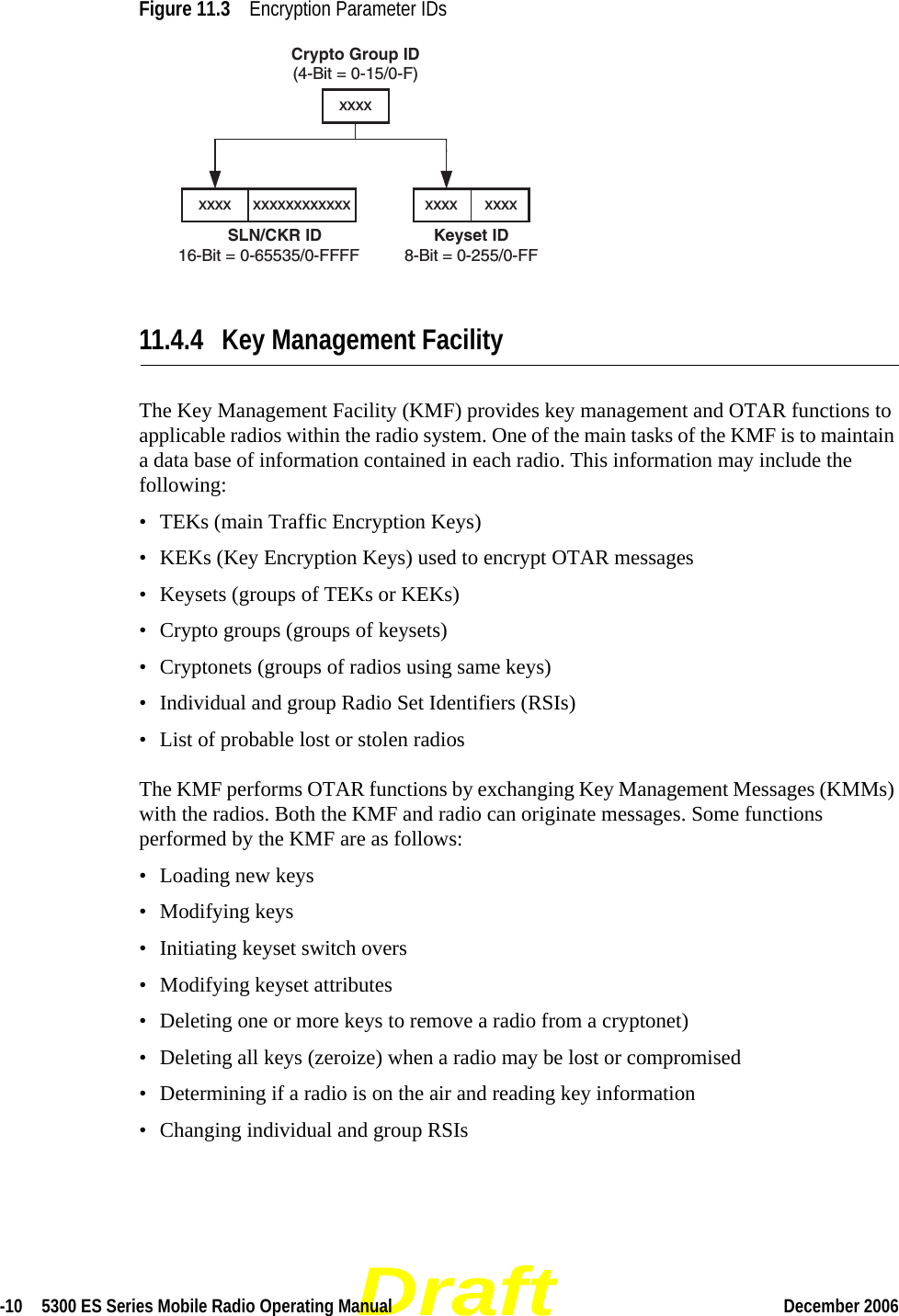 Draft-10  5300 ES Series Mobile Radio Operating Manual December 2006 Figure 11.3 Encryption Parameter IDs11.4.4 Key Management FacilityThe Key Management Facility (KMF) provides key management and OTAR functions to applicable radios within the radio system. One of the main tasks of the KMF is to maintain a data base of information contained in each radio. This information may include the following:• TEKs (main Traffic Encryption Keys)• KEKs (Key Encryption Keys) used to encrypt OTAR messages• Keysets (groups of TEKs or KEKs)• Crypto groups (groups of keysets)• Cryptonets (groups of radios using same keys)• Individual and group Radio Set Identifiers (RSIs)• List of probable lost or stolen radiosThe KMF performs OTAR functions by exchanging Key Management Messages (KMMs) with the radios. Both the KMF and radio can originate messages. Some functions performed by the KMF are as follows:• Loading new keys• Modifying keys• Initiating keyset switch overs• Modifying keyset attributes• Deleting one or more keys to remove a radio from a cryptonet)• Deleting all keys (zeroize) when a radio may be lost or compromised• Determining if a radio is on the air and reading key information• Changing individual and group RSIsCrypto Group ID(4-Bit = 0-15/0-F)Keyset ID8-Bit = 0-255/0-FFxxxx      xxxxxxxxSLN/CKR ID16-Bit = 0-65535/0-FFFFxxxx xxxxxxxxxxxx