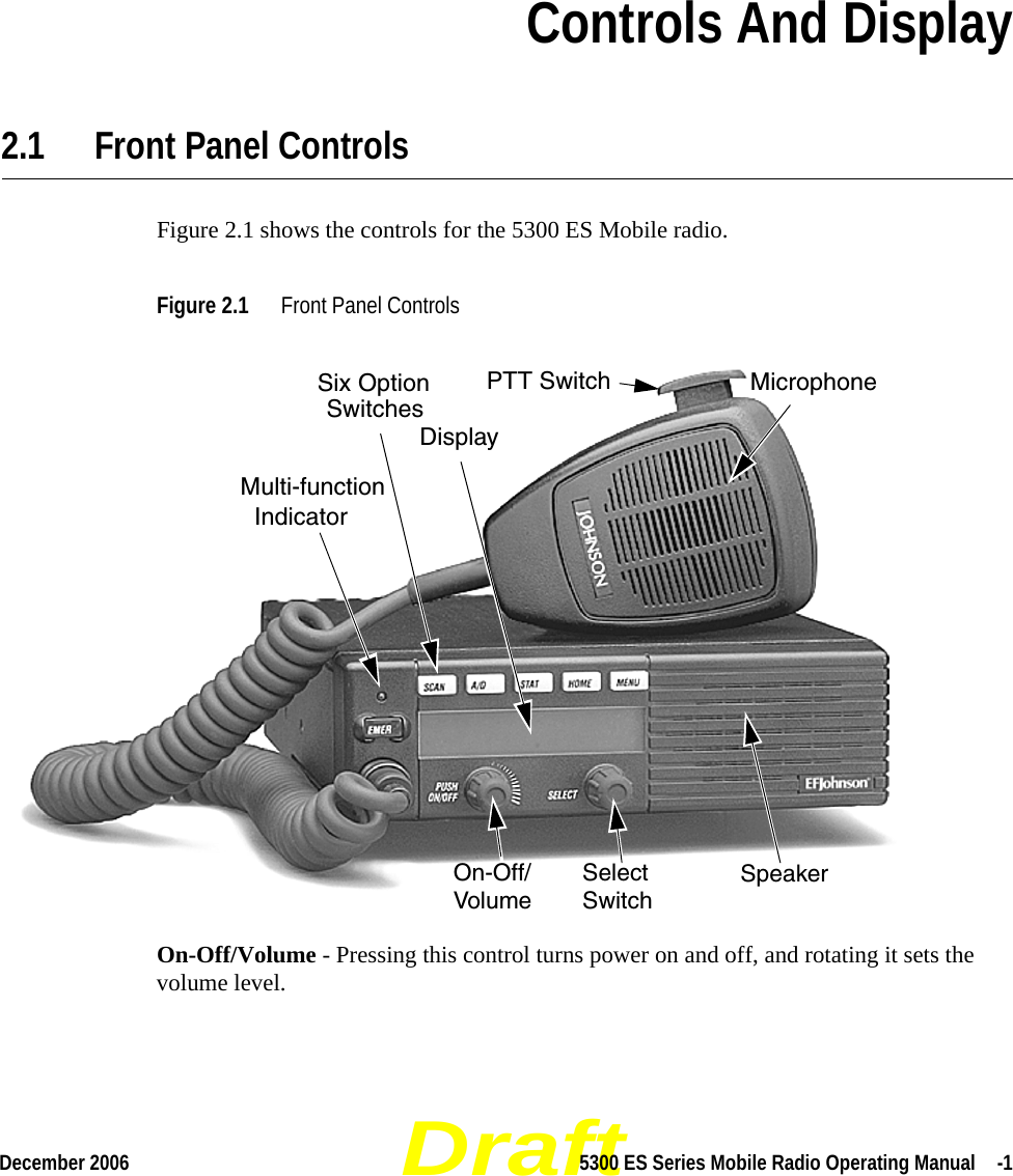 DraftDecember 2006 5300 ES Series Mobile Radio Operating Manual  -1SECTIONSection 2Controls And Display2.1 Front Panel ControlsFigure 2.1 shows the controls for the 5300 ES Mobile radio.Figure 2.1 Front Panel Controls On-Off/Volume - Pressing this control turns power on and off, and rotating it sets the volume level.Six OptionSwitchesDisplayMicrophonePTT SwitchSpeakerSelectSwitchOn-Off/VolumeMulti-functionIndicator