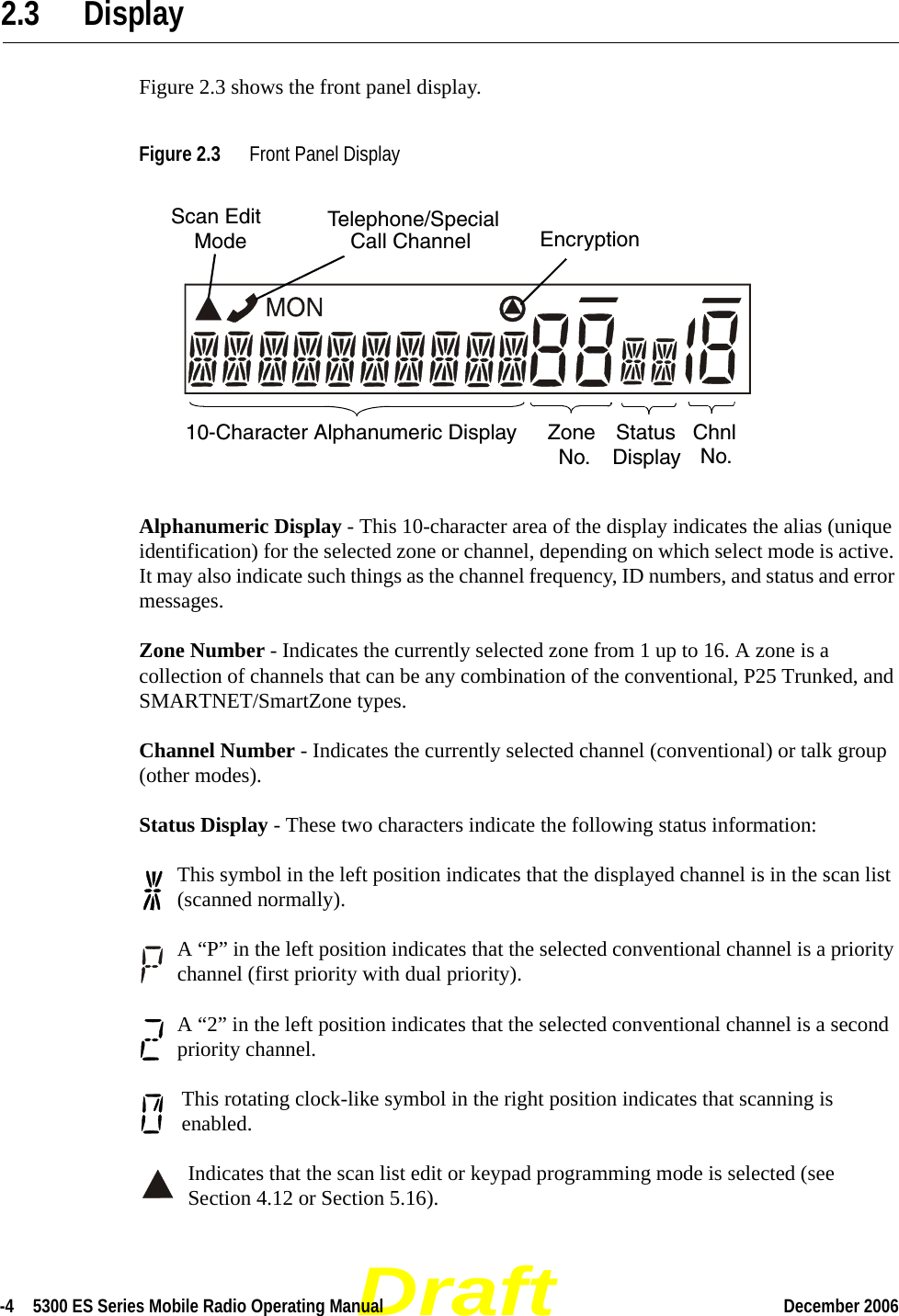 Draft-4  5300 ES Series Mobile Radio Operating Manual December 2006 2.3 DisplayFigure 2.3 shows the front panel display.Figure 2.3 Front Panel Display Alphanumeric Display - This 10-character area of the display indicates the alias (unique identification) for the selected zone or channel, depending on which select mode is active. It may also indicate such things as the channel frequency, ID numbers, and status and error messages.Zone Number - Indicates the currently selected zone from 1 up to 16. A zone is a collection of channels that can be any combination of the conventional, P25 Trunked, and SMARTNET/SmartZone types.Channel Number - Indicates the currently selected channel (conventional) or talk group (other modes).Status Display - These two characters indicate the following status information:This symbol in the left position indicates that the displayed channel is in the scan list (scanned normally).A “P” in the left position indicates that the selected conventional channel is a priority channel (first priority with dual priority).A “2” in the left position indicates that the selected conventional channel is a second priority channel. This rotating clock-like symbol in the right position indicates that scanning is enabled. Indicates that the scan list edit or keypad programming mode is selected (see Section 4.12 or Section 5.16).Telephone/SpecialCall Channel Encryption10-Character Alphanumeric Display ZoneNo.StatusDisplayChnlNo.Scan EditMode