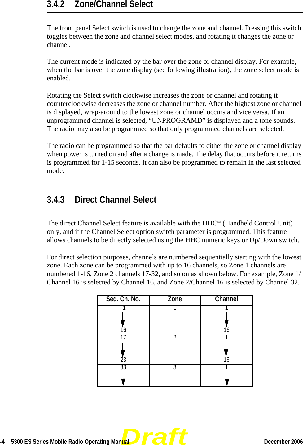 Draft-4  5300 ES Series Mobile Radio Operating Manual December 2006 3.4.2 Zone/Channel Select The front panel Select switch is used to change the zone and channel. Pressing this switch toggles between the zone and channel select modes, and rotating it changes the zone or channel.The current mode is indicated by the bar over the zone or channel display. For example, when the bar is over the zone display (see following illustration), the zone select mode is enabled.Rotating the Select switch clockwise increases the zone or channel and rotating it counterclockwise decreases the zone or channel number. After the highest zone or channel is displayed, wrap-around to the lowest zone or channel occurs and vice versa. If an unprogrammed channel is selected, “UNPROGRAMD” is displayed and a tone sounds. The radio may also be programmed so that only programmed channels are selected.The radio can be programmed so that the bar defaults to either the zone or channel display when power is turned on and after a change is made. The delay that occurs before it returns is programmed for 1-15 seconds. It can also be programmed to remain in the last selected mode.3.4.3 Direct Channel SelectThe direct Channel Select feature is available with the HHC* (Handheld Control Unit) only, and if the Channel Select option switch parameter is programmed. This feature allows channels to be directly selected using the HHC numeric keys or Up/Down switch. For direct selection purposes, channels are numbered sequentially starting with the lowest zone. Each zone can be programmed with up to 16 channels, so Zone 1 channels are numbered 1-16, Zone 2 channels 17-32, and so on as shown below. For example, Zone 1/Channel 16 is selected by Channel 16, and Zone 2/Channel 16 is selected by Channel 32.Seq. Ch. No. Zone Channel1111 116 1617 2 123 1633 3 1
