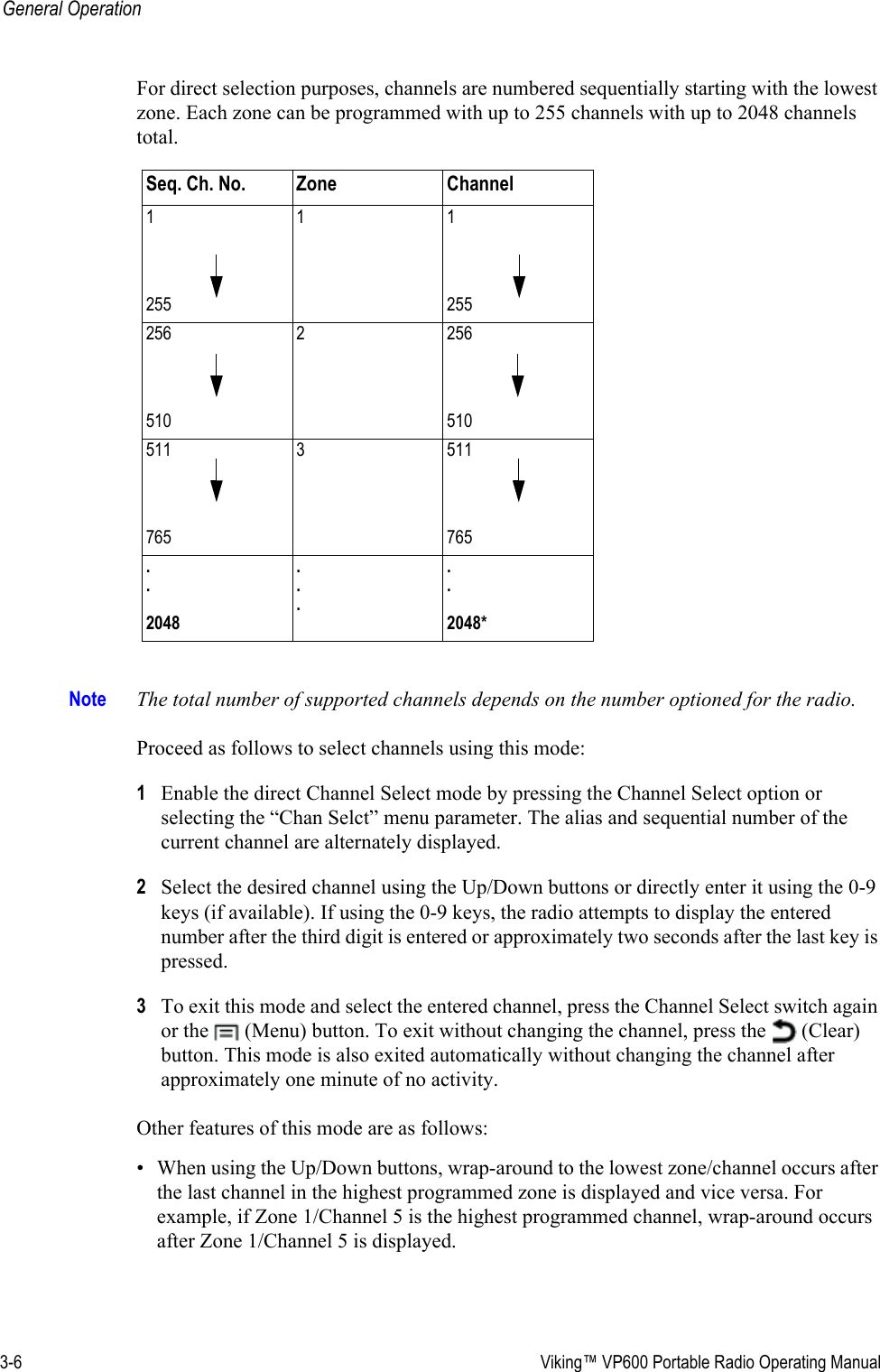 3-6  Viking™ VP600 Portable Radio Operating ManualGeneral OperationFor direct selection purposes, channels are numbered sequentially starting with the lowest zone. Each zone can be programmed with up to 255 channels with up to 2048 channels total. Note The total number of supported channels depends on the number optioned for the radio.Proceed as follows to select channels using this mode:1Enable the direct Channel Select mode by pressing the Channel Select option or selecting the “Chan Selct” menu parameter. The alias and sequential number of the current channel are alternately displayed.2Select the desired channel using the Up/Down buttons or directly enter it using the 0-9 keys (if available). If using the 0-9 keys, the radio attempts to display the entered number after the third digit is entered or approximately two seconds after the last key is pressed.3To exit this mode and select the entered channel, press the Channel Select switch again or the   (Menu) button. To exit without changing the channel, press the   (Clear) button. This mode is also exited automatically without changing the channel after approximately one minute of no activity.Other features of this mode are as follows:• When using the Up/Down buttons, wrap-around to the lowest zone/channel occurs after the last channel in the highest programmed zone is displayed and vice versa. For example, if Zone 1/Channel 5 is the highest programmed channel, wrap-around occurs after Zone 1/Channel 5 is displayed.Seq. Ch. No. Zone Channel111255 255256 2 256510 510511 3 511765 765. .  2048. . .. .  2048*