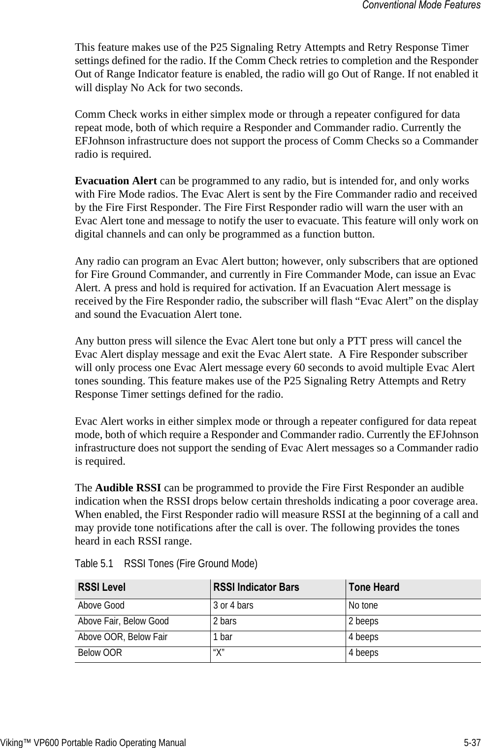 Viking™ VP600 Portable Radio Operating Manual 5-37Conventional Mode FeaturesThis feature makes use of the P25 Signaling Retry Attempts and Retry Response Timer settings defined for the radio. If the Comm Check retries to completion and the Responder Out of Range Indicator feature is enabled, the radio will go Out of Range. If not enabled it will display No Ack for two seconds. Comm Check works in either simplex mode or through a repeater configured for data repeat mode, both of which require a Responder and Commander radio. Currently the EFJohnson infrastructure does not support the process of Comm Checks so a Commander radio is required. Evacuation Alert can be programmed to any radio, but is intended for, and only works with Fire Mode radios. The Evac Alert is sent by the Fire Commander radio and received by the Fire First Responder. The Fire First Responder radio will warn the user with an Evac Alert tone and message to notify the user to evacuate. This feature will only work on digital channels and can only be programmed as a function button.Any radio can program an Evac Alert button; however, only subscribers that are optioned for Fire Ground Commander, and currently in Fire Commander Mode, can issue an Evac Alert. A press and hold is required for activation. If an Evacuation Alert message is received by the Fire Responder radio, the subscriber will flash “Evac Alert” on the display and sound the Evacuation Alert tone.Any button press will silence the Evac Alert tone but only a PTT press will cancel the Evac Alert display message and exit the Evac Alert state.  A Fire Responder subscriber will only process one Evac Alert message every 60 seconds to avoid multiple Evac Alert tones sounding. This feature makes use of the P25 Signaling Retry Attempts and Retry Response Timer settings defined for the radio.Evac Alert works in either simplex mode or through a repeater configured for data repeat mode, both of which require a Responder and Commander radio. Currently the EFJohnson infrastructure does not support the sending of Evac Alert messages so a Commander radio is required. The Audible RSSI can be programmed to provide the Fire First Responder an audible indication when the RSSI drops below certain thresholds indicating a poor coverage area. When enabled, the First Responder radio will measure RSSI at the beginning of a call and may provide tone notifications after the call is over. The following provides the tones heard in each RSSI range. Table 5.1 RSSI Tones (Fire Ground Mode)RSSI Level RSSI Indicator Bars Tone HeardAbove Good 3 or 4 bars No toneAbove Fair, Below Good  2 bars 2 beepsAbove OOR, Below Fair 1 bar 4 beepsBelow OOR “X” 4 beeps 