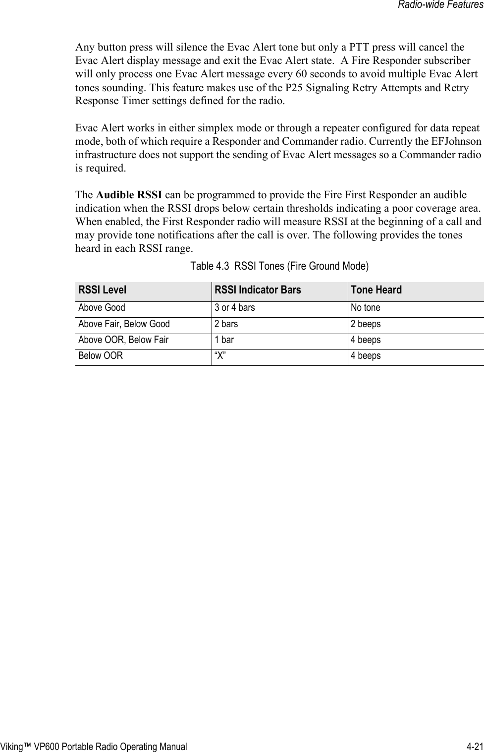 Viking™ VP600 Portable Radio Operating Manual 4-21Radio-wide FeaturesAny button press will silence the Evac Alert tone but only a PTT press will cancel the Evac Alert display message and exit the Evac Alert state.  A Fire Responder subscriber will only process one Evac Alert message every 60 seconds to avoid multiple Evac Alert tones sounding. This feature makes use of the P25 Signaling Retry Attempts and Retry Response Timer settings defined for the radio.Evac Alert works in either simplex mode or through a repeater configured for data repeat mode, both of which require a Responder and Commander radio. Currently the EFJohnson infrastructure does not support the sending of Evac Alert messages so a Commander radio is required.The Audible RSSI can be programmed to provide the Fire First Responder an audible indication when the RSSI drops below certain thresholds indicating a poor coverage area. When enabled, the First Responder radio will measure RSSI at the beginning of a call and may provide tone notifications after the call is over. The following provides the tones heard in each RSSI range. Table 4.3  RSSI Tones (Fire Ground Mode)RSSI Level RSSI Indicator Bars Tone HeardAbove Good 3 or 4 bars No toneAbove Fair, Below Good  2 bars 2 beepsAbove OOR, Below Fair 1 bar 4 beepsBelow OOR “X” 4 beeps 