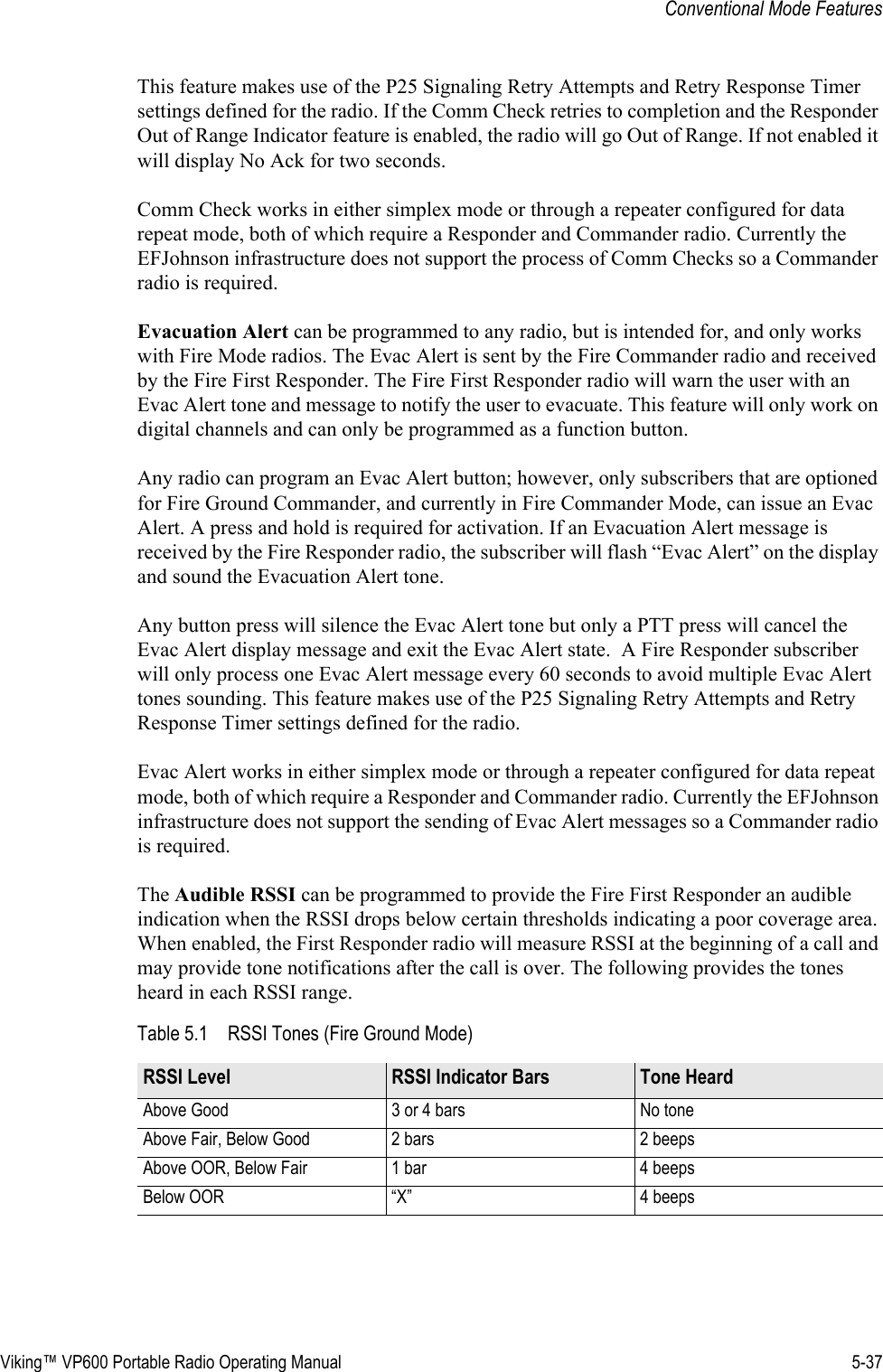 Viking™ VP600 Portable Radio Operating Manual 5-37Conventional Mode FeaturesThis feature makes use of the P25 Signaling Retry Attempts and Retry Response Timer settings defined for the radio. If the Comm Check retries to completion and the Responder Out of Range Indicator feature is enabled, the radio will go Out of Range. If not enabled it will display No Ack for two seconds. Comm Check works in either simplex mode or through a repeater configured for data repeat mode, both of which require a Responder and Commander radio. Currently the EFJohnson infrastructure does not support the process of Comm Checks so a Commander radio is required. Evacuation Alert can be programmed to any radio, but is intended for, and only works with Fire Mode radios. The Evac Alert is sent by the Fire Commander radio and received by the Fire First Responder. The Fire First Responder radio will warn the user with an Evac Alert tone and message to notify the user to evacuate. This feature will only work on digital channels and can only be programmed as a function button.Any radio can program an Evac Alert button; however, only subscribers that are optioned for Fire Ground Commander, and currently in Fire Commander Mode, can issue an Evac Alert. A press and hold is required for activation. If an Evacuation Alert message is received by the Fire Responder radio, the subscriber will flash “Evac Alert” on the display and sound the Evacuation Alert tone.Any button press will silence the Evac Alert tone but only a PTT press will cancel the Evac Alert display message and exit the Evac Alert state.  A Fire Responder subscriber will only process one Evac Alert message every 60 seconds to avoid multiple Evac Alert tones sounding. This feature makes use of the P25 Signaling Retry Attempts and Retry Response Timer settings defined for the radio.Evac Alert works in either simplex mode or through a repeater configured for data repeat mode, both of which require a Responder and Commander radio. Currently the EFJohnson infrastructure does not support the sending of Evac Alert messages so a Commander radio is required. The Audible RSSI can be programmed to provide the Fire First Responder an audible indication when the RSSI drops below certain thresholds indicating a poor coverage area. When enabled, the First Responder radio will measure RSSI at the beginning of a call and may provide tone notifications after the call is over. The following provides the tones heard in each RSSI range. Table 5.1 RSSI Tones (Fire Ground Mode)RSSI Level RSSI Indicator Bars Tone HeardAbove Good 3 or 4 bars No toneAbove Fair, Below Good  2 bars 2 beepsAbove OOR, Below Fair 1 bar 4 beepsBelow OOR “X” 4 beeps 
