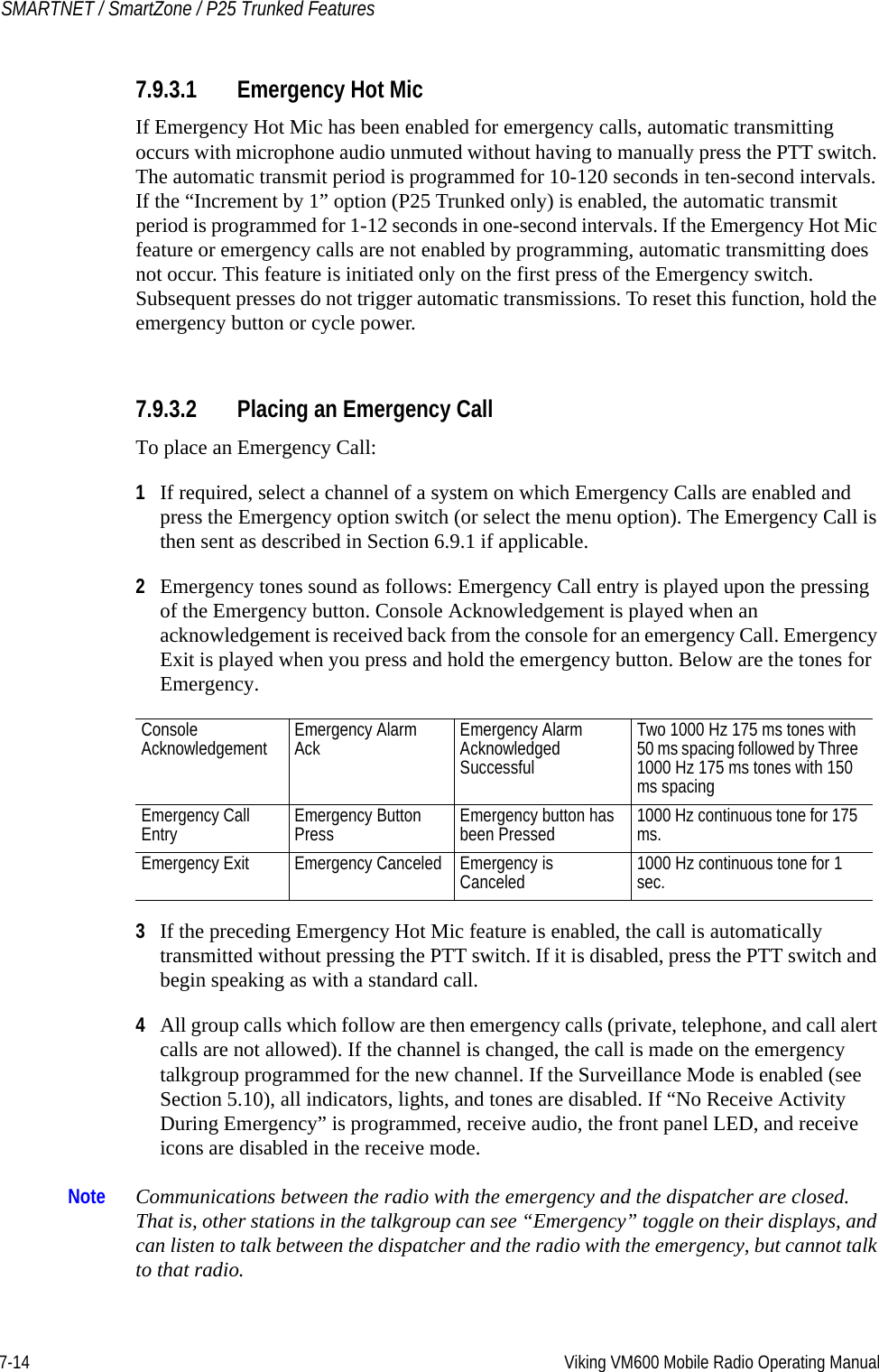 7-14 Viking VM600 Mobile Radio Operating ManualSMARTNET / SmartZone / P25 Trunked Features7.9.3.1 Emergency Hot MicIf Emergency Hot Mic has been enabled for emergency calls, automatic transmitting occurs with microphone audio unmuted without having to manually press the PTT switch. The automatic transmit period is programmed for 10-120 seconds in ten-second intervals. If the “Increment by 1” option (P25 Trunked only) is enabled, the automatic transmit period is programmed for 1-12 seconds in one-second intervals. If the Emergency Hot Mic feature or emergency calls are not enabled by programming, automatic transmitting does not occur. This feature is initiated only on the first press of the Emergency switch. Subsequent presses do not trigger automatic transmissions. To reset this function, hold the emergency button or cycle power.7.9.3.2 Placing an Emergency CallTo place an Emergency Call:1If required, select a channel of a system on which Emergency Calls are enabled and press the Emergency option switch (or select the menu option). The Emergency Call is then sent as described in Section 6.9.1 if applicable.2Emergency tones sound as follows: Emergency Call entry is played upon the pressing of the Emergency button. Console Acknowledgement is played when an acknowledgement is received back from the console for an emergency Call. Emergency Exit is played when you press and hold the emergency button. Below are the tones for Emergency. 3If the preceding Emergency Hot Mic feature is enabled, the call is automatically transmitted without pressing the PTT switch. If it is disabled, press the PTT switch and begin speaking as with a standard call.4All group calls which follow are then emergency calls (private, telephone, and call alert calls are not allowed). If the channel is changed, the call is made on the emergency talkgroup programmed for the new channel. If the Surveillance Mode is enabled (see Section 5.10), all indicators, lights, and tones are disabled. If “No Receive Activity During Emergency” is programmed, receive audio, the front panel LED, and receive icons are disabled in the receive mode.Note Communications between the radio with the emergency and the dispatcher are closed. That is, other stations in the talkgroup can see “Emergency” toggle on their displays, and can listen to talk between the dispatcher and the radio with the emergency, but cannot talk to that radio.Console Acknowledgement Emergency Alarm Ack Emergency Alarm Acknowledged SuccessfulTwo 1000 Hz 175 ms tones with 50 ms spacing followed by Three 1000 Hz 175 ms tones with 150 ms spacingEmergency Call Entry Emergency Button Press Emergency button has been Pressed 1000 Hz continuous tone for 175 ms.Emergency Exit Emergency Canceled Emergency is Canceled 1000 Hz continuous tone for 1 sec.Draft 4/29/2014