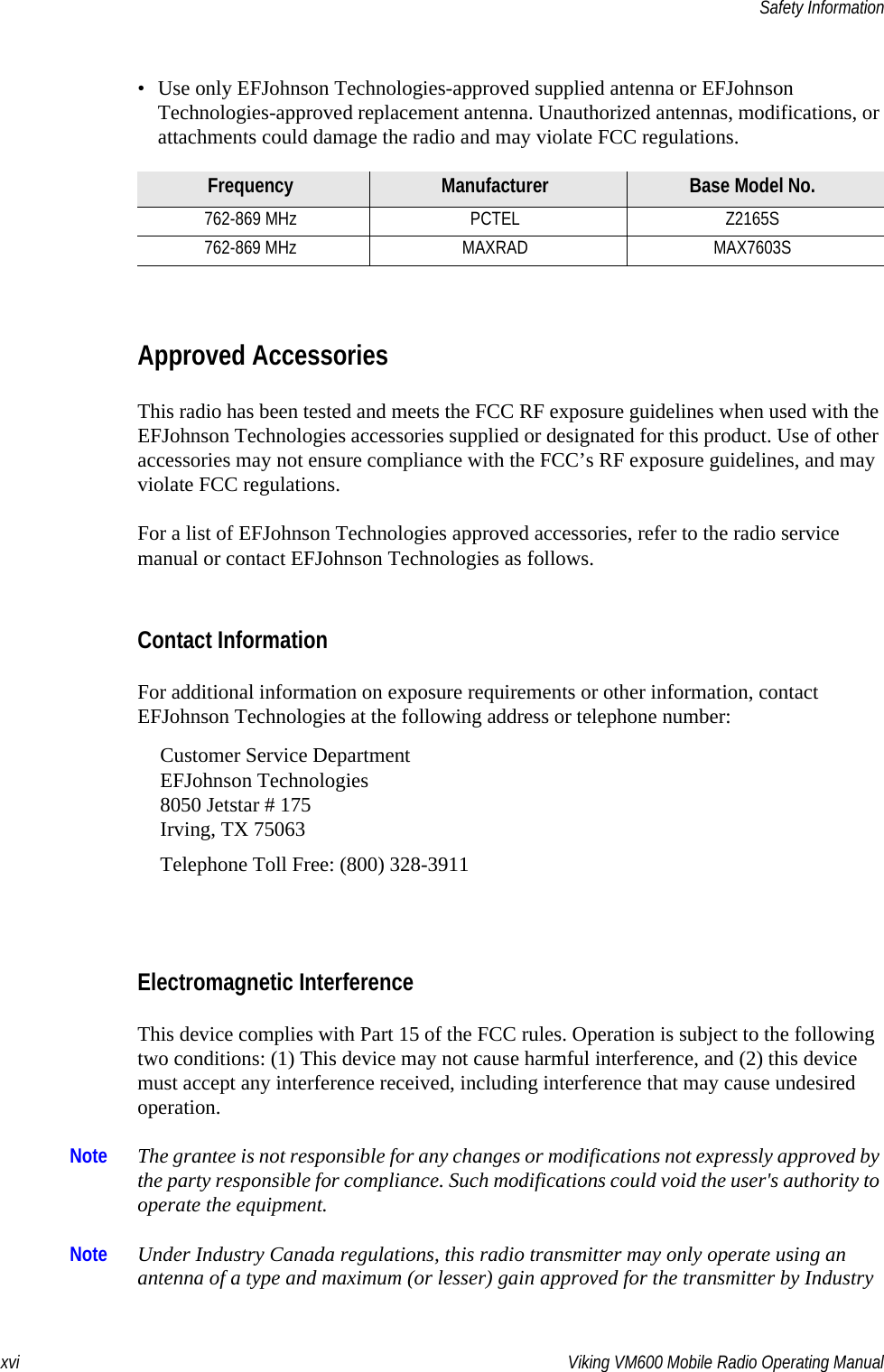 xvi Viking VM600 Mobile Radio Operating ManualSafety Information• Use only EFJohnson Technologies-approved supplied antenna or EFJohnson Technologies-approved replacement antenna. Unauthorized antennas, modifications, or attachments could damage the radio and may violate FCC regulations. Approved Accessories This radio has been tested and meets the FCC RF exposure guidelines when used with the EFJohnson Technologies accessories supplied or designated for this product. Use of other accessories may not ensure compliance with the FCC’s RF exposure guidelines, and may violate FCC regulations.For a list of EFJohnson Technologies approved accessories, refer to the radio service manual or contact EFJohnson Technologies as follows.Contact InformationFor additional information on exposure requirements or other information, contact EFJohnson Technologies at the following address or telephone number:Customer Service DepartmentEFJohnson Technologies8050 Jetstar # 175Irving, TX 75063Telephone Toll Free: (800) 328-3911Electromagnetic InterferenceThis device complies with Part 15 of the FCC rules. Operation is subject to the following two conditions: (1) This device may not cause harmful interference, and (2) this device must accept any interference received, including interference that may cause undesired operation. Note The grantee is not responsible for any changes or modifications not expressly approved by the party responsible for compliance. Such modifications could void the user&apos;s authority to operate the equipment.Note Under Industry Canada regulations, this radio transmitter may only operate using an antenna of a type and maximum (or lesser) gain approved for the transmitter by Industry Frequency Manufacturer Base Model No.762-869 MHz PCTEL Z2165S762-869 MHz MAXRAD MAX7603SDraft 4/29/2014