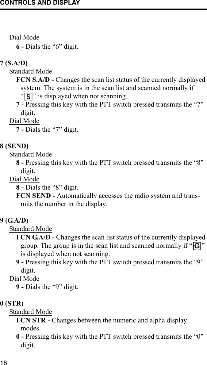 CONTROLS AND DISPLAY18Dial Mode6 - Dials the “6” digit.7 (S.A/D)Standard ModeFCN S.A/D - Changes the scan list status of the currently displayed system. The system is in the scan list and scanned normally if “ ” is displayed when not scanning.7 - Pressing this key with the PTT switch pressed transmits the “7” digit.Dial Mode7 - Dials the “7” digit.8 (SEND)Standard Mode8 - Pressing this key with the PTT switch pressed transmits the “8” digit.Dial Mode8 - Dials the “8” digit.FCN SEND - Automatically accesses the radio system and trans-mits the number in the display.9 (G.A/D)Standard ModeFCN G.A/D - Changes the scan list status of the currently displayed group. The group is in the scan list and scanned normally if “ ” is displayed when not scanning.9 - Pressing this key with the PTT switch pressed transmits the “9” digit.Dial Mode9 - Dials the “9” digit.0 (STR)Standard ModeFCN STR - Changes between the numeric and alpha display modes.0 - Pressing this key with the PTT switch pressed transmits the “0” digit.SG