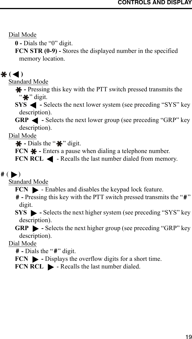 CONTROLS AND DISPLAY19Dial Mode0 - Dials the “0” digit.FCN STR (0-9) - Stores the displayed number in the specified memory location. ()Standard Mode - Pressing this key with the PTT switch pressed transmits the “ ” digit.SYS  - Selects the next lower system (see preceding “SYS” key description).GRP  - Selects the next lower group (see preceding “GRP” key description).Dial Mode - Dials the “ ” digit.FCN  - Enters a pause when dialing a telephone number.FCN RCL   - Recalls the last number dialed from memory. ()Standard ModeFCN   - Enables and disables the keypad lock feature. - Pressing this key with the PTT switch pressed transmits the “ ” digit.SYS  - Selects the next higher system (see preceding “SYS” key description).GRP  - Selects the next higher group (see preceding “GRP” key description).Dial Mode - Dials the “ ” digit.FCN   - Displays the overflow digits for a short time.FCN RCL   - Recalls the last number dialed.#####