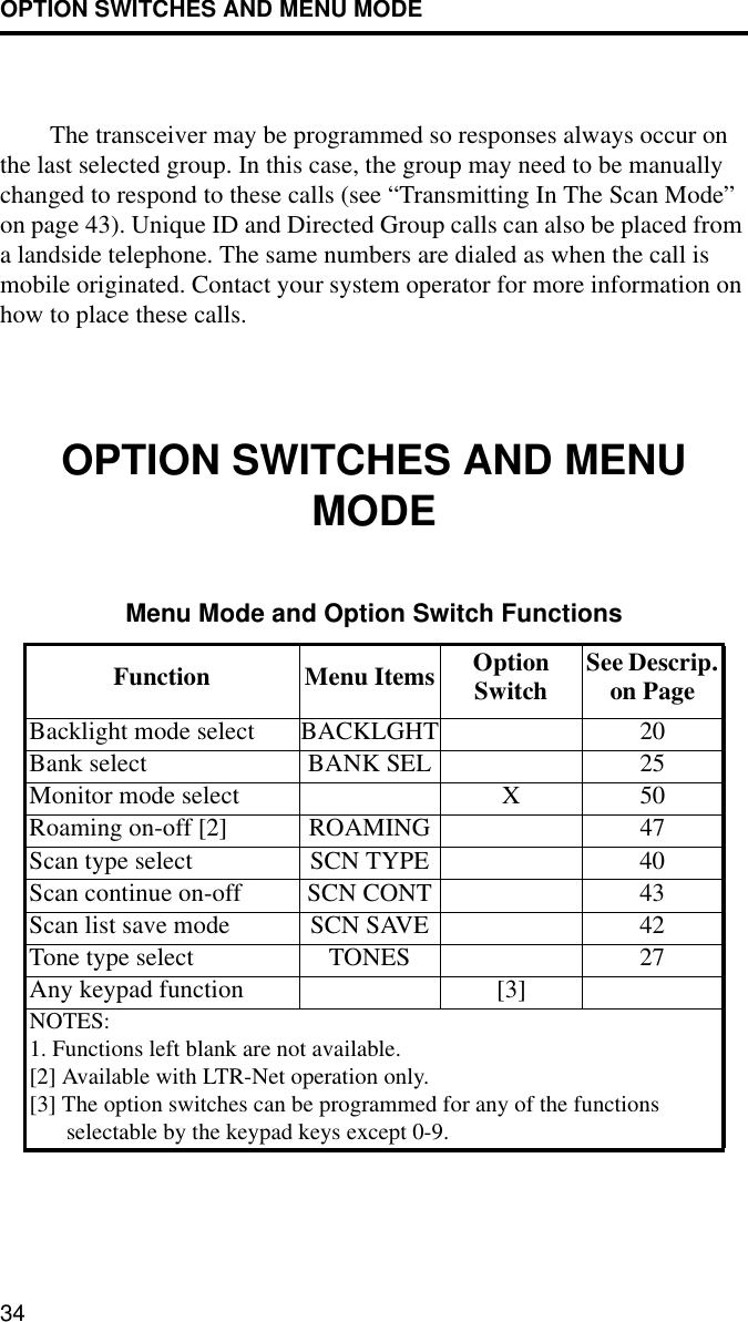 OPTION SWITCHES AND MENU MODE34The transceiver may be programmed so responses always occur on the last selected group. In this case, the group may need to be manually changed to respond to these calls (see “Transmitting In The Scan Mode” on page 43). Unique ID and Directed Group calls can also be placed from a landside telephone. The same numbers are dialed as when the call is mobile originated. Contact your system operator for more information on how to place these calls.OPTION SWITCHES AND MENU MODEMenu Mode and Option Switch FunctionsFunction Menu Items Option Switch See Descrip. on PageBacklight mode select BACKLGHT 20Bank select BANK SEL 25Monitor mode select X 50Roaming on-off [2] ROAMING 47Scan type select SCN TYPE 40Scan continue on-off SCN CONT 43Scan list save mode SCN SAVE 42Tone type select TONES 27Any keypad function [3]NOTES: 1. Functions left blank are not available.[2] Available with LTR-Net operation only.[3] The option switches can be programmed for any of the functions selectable by the keypad keys except 0-9.