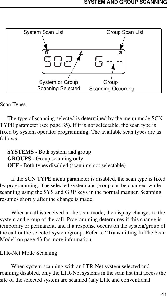 SYSTEM AND GROUP SCANNING41Scan TypesThe type of scanning selected is determined by the menu mode SCN TYPE parameter (see page 35). If it is not selectable, the scan type is fixed by system operator programming. The available scan types are as follows. SYSTEMS - Both system and groupGROUPS - Group scanning onlyOFF - Both types disabled (scanning not selectable)If the SCN TYPE menu parameter is disabled, the scan type is fixed by programming. The selected system and group can be changed while scanning using the SYS and GRP keys in the normal manner. Scanning resumes shortly after the change is made. When a call is received in the scan mode, the display changes to the system and group of the call. Programming determines if this change is temporary or permanent, and if a response occurs on the system/group of the call or the selected system/group. Refer to “Transmitting In The Scan Mode” on page 43 for more information. LTR-Net Mode ScanningWhen system scanning with an LTR-Net system selected and roaming disabled, only the LTR-Net systems in the scan list that access the site of the selected system are scanned (any LTR and conventional GSSystem Scan List Group Scan ListSystem or GroupScanning Selected GroupScanning Occurring