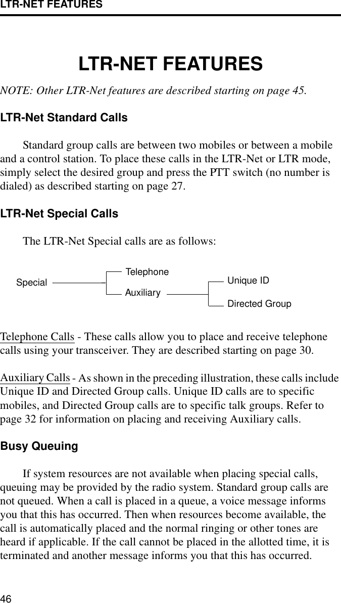 LTR-NET FEATURES46LTR-NET FEATURESNOTE: Other LTR-Net features are described starting on page 45.LTR-Net Standard Calls Standard group calls are between two mobiles or between a mobile and a control station. To place these calls in the LTR-Net or LTR mode, simply select the desired group and press the PTT switch (no number is dialed) as described starting on page 27.LTR-Net Special CallsThe LTR-Net Special calls are as follows:Telephone Calls - These calls allow you to place and receive telephone calls using your transceiver. They are described starting on page 30.Auxiliary Calls - As shown in the preceding illustration, these calls include Unique ID and Directed Group calls. Unique ID calls are to specific mobiles, and Directed Group calls are to specific talk groups. Refer to page 32 for information on placing and receiving Auxiliary calls.Busy QueuingIf system resources are not available when placing special calls, queuing may be provided by the radio system. Standard group calls are not queued. When a call is placed in a queue, a voice message informs you that this has occurred. Then when resources become available, the call is automatically placed and the normal ringing or other tones are heard if applicable. If the call cannot be placed in the allotted time, it is terminated and another message informs you that this has occurred.Special TelephoneAuxiliary Directed GroupUnique ID