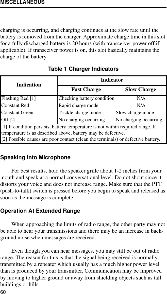 MISCELLANEOUS60charging is occurring, and charging continues at the slow rate until the battery is removed from the charger. Approximate charge time in this slot for a fully discharged battery is 20 hours (with transceiver power off if applicable). If transceiver power is on, this slot basically maintains the charge of the battery.Speaking Into MicrophoneFor best results, hold the speaker grille about 1-2 inches from your mouth and speak at a normal conversational level. Do not shout since it distorts your voice and does not increase range. Make sure that the PTT (push-to-talk) switch is pressed before you begin to speak and released as soon as the message is complete.Operation At Extended RangeWhen approaching the limits of radio range, the other party may not be able to hear your transmissions and there may be an increase in back-ground noise when messages are received. Even though you can hear messages, you may still be out of radio range. The reason for this is that the signal being received is normally transmitted by a repeater which usually has a much higher power level than is produced by your transmitter. Communication may be improved by moving to higher ground or away from shielding objects such as tall buildings or hills.Table 1 Charger IndicatorsIndication IndicatorFast Charge Slow ChargeFlashing Red [1] Checking battery condition N/AConstant Red Rapid charge mode N/AConstant Green Trickle charge mode Slow charge modeOff [2] No charging occurring No charging occurring[1] If condition persists, battery temperature is not within required range. Iftemperature is as described above, battery may be defective.[2] Possible causes are poor contact (clean the terminals) or defective battery.