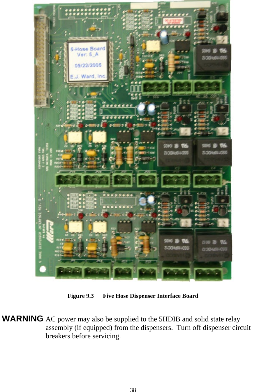  38      Figure 9.3      Five Hose Dispenser Interface Board  WARNING AC power may also be supplied to the 5HDIB and solid state relay assembly (if equipped) from the dispensers.  Turn off dispenser circuit breakers before servicing. 