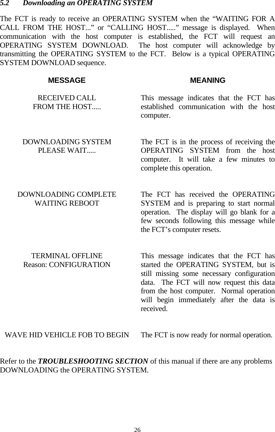  265.2  Downloading an OPERATING SYSTEM  The FCT is ready to receive an OPERATING SYSTEM when the “WAITING FOR A CALL FROM THE HOST...” or “CALLING HOST.....” message is displayed.  When communication with the host computer is established, the FCT will request an OPERATING SYSTEM DOWNLOAD.  The host computer will acknowledge by transmitting the OPERATING SYSTEM to the FCT.  Below is a typical OPERATING SYSTEM DOWNLOAD sequence.  MESSAGE MEANING  RECEIVED CALL FROM THE HOST.....  This message indicates that the FCT has established communication with the host computer.   DOWNLOADING SYSTEM PLEASE WAIT.....  The FCT is in the process of receiving the OPERATING SYSTEM from the host computer.  It will take a few minutes to complete this operation.   DOWNLOADING COMPLETE WAITING REBOOT  The FCT has received the OPERATING SYSTEM and is preparing to start normal operation.  The display will go blank for a few seconds following this message while the FCT’s computer resets.   TERMINAL OFFLINE Reason: CONFIGURATION  This message indicates that the FCT has started the OPERATING SYSTEM, but is still missing some necessary configuration data.  The FCT will now request this data from the host computer.  Normal operation will begin immediately after the data is received.   WAVE HID VEHICLE FOB TO BEGIN  The FCT is now ready for normal operation.   Refer to the TROUBLESHOOTING SECTION of this manual if there are any problems DOWNLOADING the OPERATING SYSTEM.   