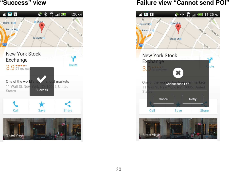 30  “Success” view    Failure view “Cannot send POI”  