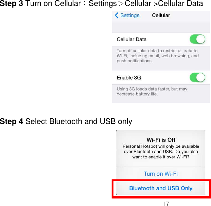 17   Step 3 Turn on Cellular：Settings＞Cellular &gt;Cellular Data   Step 4 Select Bluetooth and USB only  