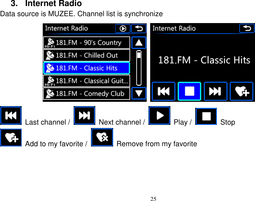 25  3.  Internet Radio Data source is MUZEE. Channel list is synchronize       Last channel /    Next channel /    Play /    Stop   Add to my favorite /    Remove from my favorite     