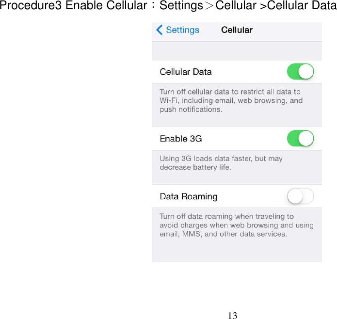 13   Procedure3 Enable Cellular：Settings＞Cellular &gt;Cellular Data     