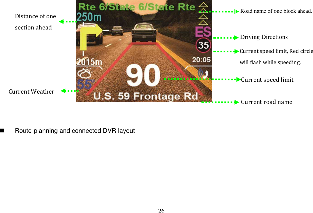 26                                              Route-planning and connected DVR layout Current road name Current speed limit, Red circle will flash while speeding. Current speed limit Distance of one section ahead Current Weather Driving Directions Road name of one block ahead. 