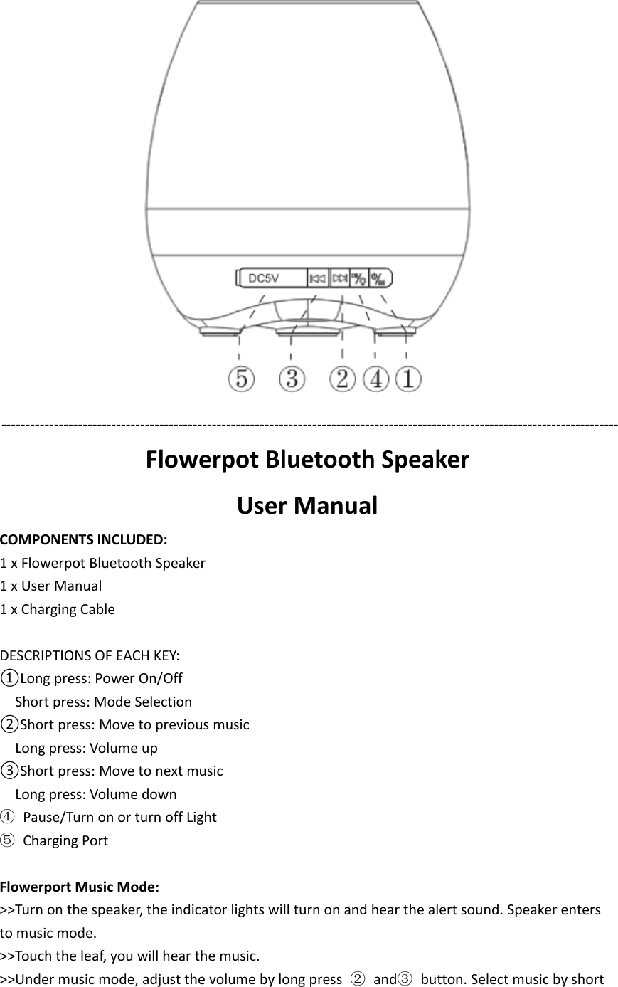 ‐‐‐‐‐‐‐‐‐‐‐‐‐‐‐‐‐‐‐‐‐‐‐‐‐‐‐‐‐‐‐‐‐‐‐‐‐‐‐‐‐‐‐‐‐‐‐‐‐‐‐‐‐‐‐‐‐‐‐‐‐‐‐‐‐‐‐‐‐‐‐‐‐‐‐‐‐‐‐‐‐‐‐‐‐‐‐‐‐‐‐‐‐‐‐‐‐‐‐‐‐‐‐‐‐‐‐‐‐‐‐‐‐‐‐‐‐‐‐‐‐‐‐‐‐‐‐‐‐Flowerpot Bluetooth SpeakerUser ManualCOMPONENTS INCLUDED:1 x Flowerpot Bluetooth Speaker1xUserManual1 x Charging CableDESCRIPTIONS OF EACH KEY:①Long press: Power On/OffShort press: Mode Selection②Short press: Move to previous musicLong press: Volume up③Short press: Move to next musicLong press: Volume down④Pause/Turn on or turn off Light⑤Charging PortFlowerport Music Mode:>>Turn on the speaker, the indicator lights will turn on and hear the alert sound. Speaker entersto music mode.>>Touch the leaf, you will hear the music.>>Under music mode, adjust the volume by long press ②and③button. Select music by short