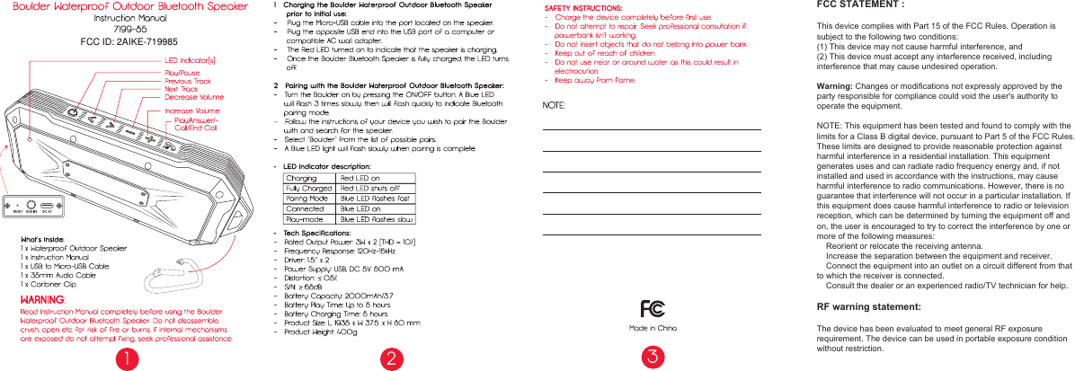 FCC ID: 2AIKE-719985FCC STATEMENT : This device complies with Part 15 of the FCC Rules. Operation is subject to the following two conditions:(1) This device may not cause harmful interference, and(2) This device must accept any interference received, including interference that may cause undesired operation.Warning: Changes or modifications not expressly approved by the party responsible for compliance could void the user's authority to operate the equipment.NOTE: This equipment has been tested and found to comply with the limits for a Class B digital device, pursuant to Part 5 of the FCC Rules. These limits are designed to provide reasonable protection against harmful interference in a residential installation. This equipment generates uses and can radiate radio frequency energy and, if not installed and used in accordance with the instructions, may causeharmful interference to radio communications. However, there is no guarantee that interference will not occur in a particular installation. If this equipment does cause harmful interference to radio or television reception, which can be determined by turning the equipment off and on, the user is encouraged to try to correct the interference by one or more of the following measures:    Reorient or relocate the receiving antenna.    Increase the separation between the equipment and receiver.    Connect the equipment into an outlet on a circuit different from that to which the receiver is connected.    Consult the dealer or an experienced radio/TV technician for help.RF warning statement:The device has been evaluated to meet general RF exposure requirement. The device can be used in portable exposure condition without restriction. 