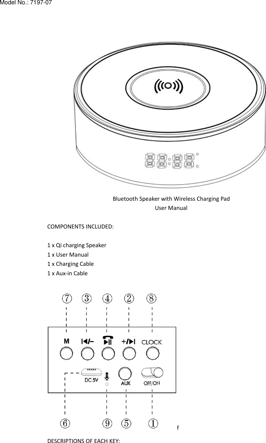 Bluetooth Speaker with Wireless Charging PadUser ManualCOMPONENTS INCLUDED:1 x Qi charging Speaker1 x User Manual1 x Charging Cable1 x Aux-in CablefDESCRIPTIONS OF EACH KEY:Model No.: 7197-07