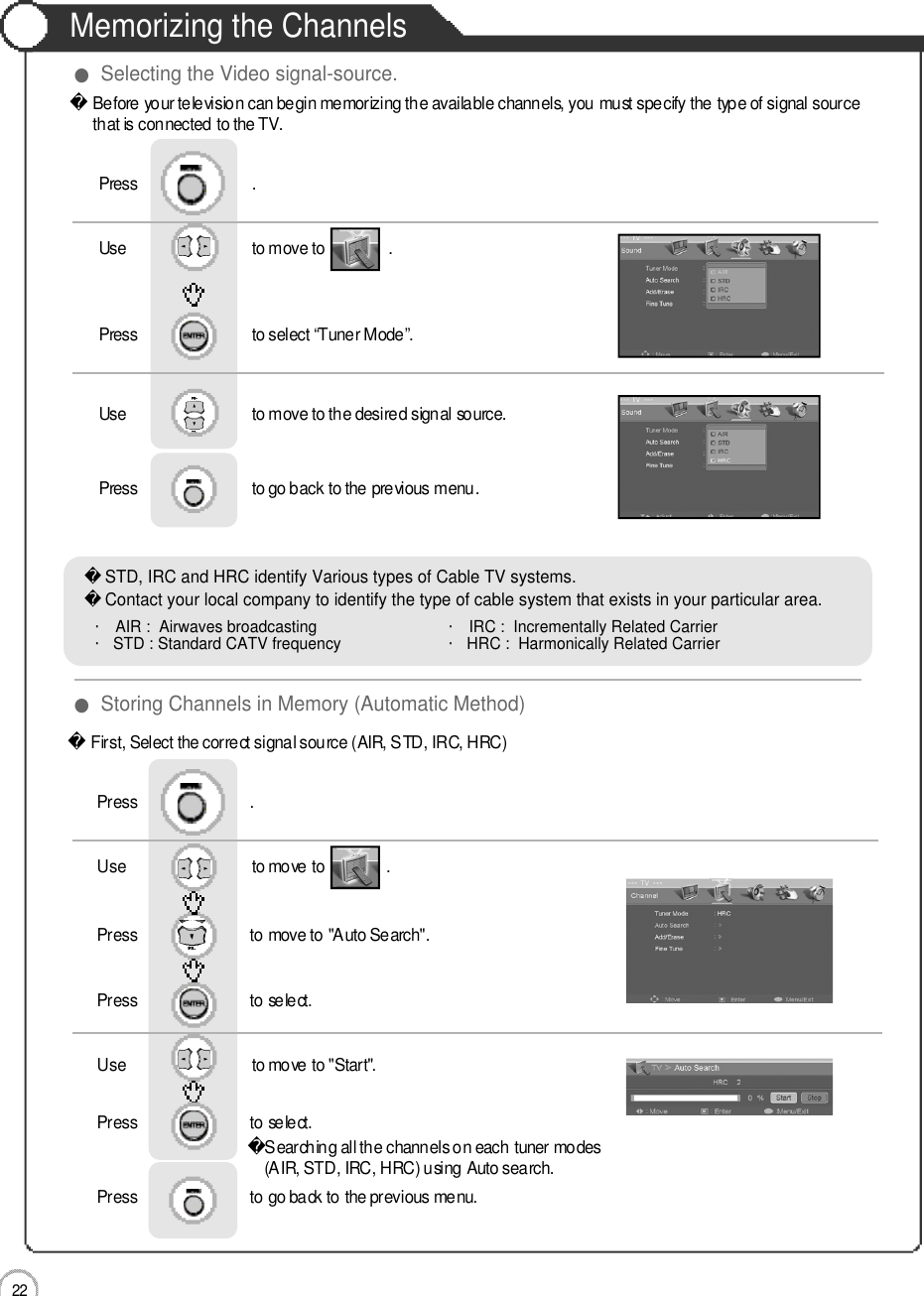 Memorizing the Channels2 2Basic UseBefore your television can begin memorizing the available channels, you must specify the type of signal source that is connected to the TV.First, Select the correct signal source (AIR, STD, IRC, HRC)Use                              to move to               .                  Press                           to move to &quot;Auto Search&quot;.    Press                           to select.                 Press                           .Use                              to move to &quot;Start&quot;.Press                           to select.Searching all the channels on each tuner modes (AIR, STD, IRC, HRC) using Auto search.Press                           to go back to the previous menu.                    Use                              to move to               .                  Press                           to select “Tuner Mode”.             Press                           .Use                              to move to the desired signal source.Press                           to go back to the previous menu.                    ●Selecting the Video signal-source.●Storing Channels in Memory (Automatic Method)・AIR :  Airwaves broadcasting                              ・IRC :  Incrementally Related Carrier・STD : Standard CATV frequency                       ・HRC :  Harmonically Related CarrierSTD, IRC and HRC identify Various types of Cable TV systems.Contact your local company to identify the type of cable system that exists in your particular area.