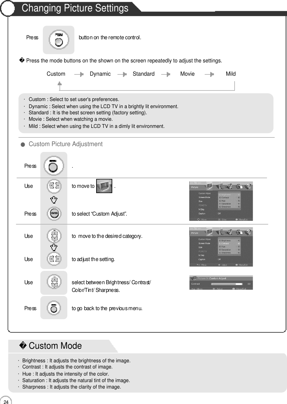 2 4Changing Picture SettingsBasic Use・Custom : Select to set user&apos;s preferences.・Dynamic : Select when using the LCD TV in a brightly lit environment.・Standard : It is the best screen setting (factory setting).・Movie : Select when watching a movie. ・Mild : Select when using the LCD TV in a dimly lit environment.Press the mode buttons on the shown on the screen repeatedly to adjust the settings.Custom Dynamic Standard Movie MildPress                               button on the remote control.   Use                              to move to               .                  Press                           to select “Custom Adjust”.                 Press                           .Use                             to  move to the desired category.Use                             to adjust the setting.Use                              select between Brightness/ Contrast/ Color/Tint/ Sharpness.Press                           to go back to the previous menu.                     ●Custom Picture AdjustmentCustom Mode・Brightness : It adjusts the brightness of the image.・Contrast : It adjusts the contrast of image.・Hue : It adjusts the intensity of the color.・Saturation : It adjusts the natural tint of the image.・Sharpness : It adjusts the clarity of the image.