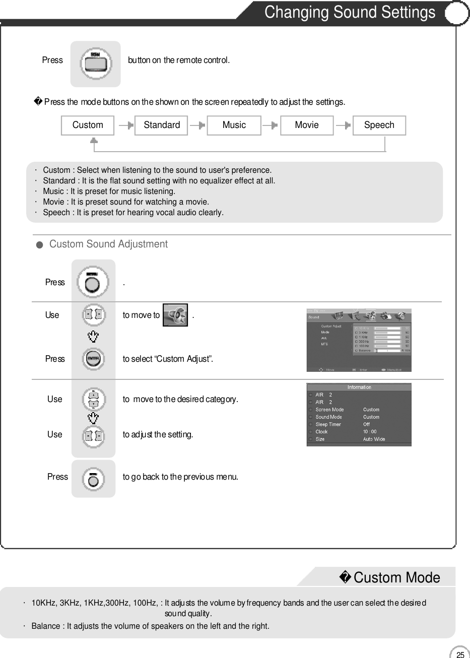 Changing Sound Settings2 5Basic UsePress                               button on the remote control.   Custom Standard Music Movie Speech・Custom : Select when listening to the sound to user&apos;s preference.・Standard : It is the flat sound setting with no equalizer effect at all.・Music : It is preset for music listening.・Movie : It is preset sound for watching a movie.・Speech : It is preset for hearing vocal audio clearly.Use                              to move to               .                  Press                           to select “Custom Adjust”.                  Press                           .Use                             to  move to the desired category.Use                             to adjust the setting.Press                          to go back to the previous menu.                     ●Custom Sound AdjustmentPress the mode buttons on the shown on the screen repeatedly to adjust the settings.Custom Mode・10KHz, 3KHz, 1KHz,300Hz, 100Hz, : It adjusts the volume by frequency bands and the user can select the desiredsound quality.・Balance : It adjusts the volume of speakers on the left and the right. 