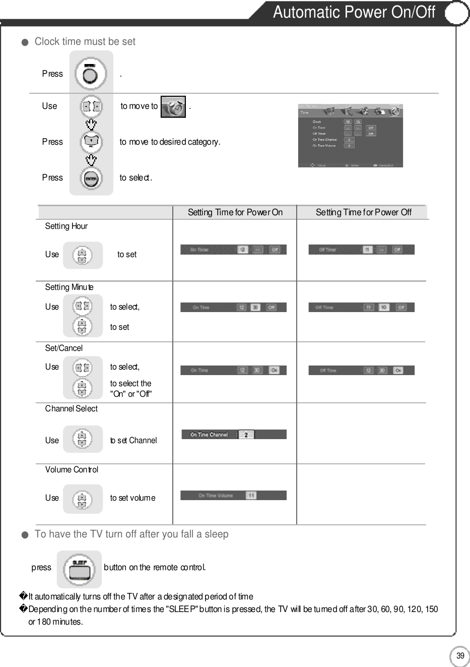 Application3 9Automatic Power On/OffSetting Time for Power On  Setting Time for Power OffSetting HourUse                             to setSetting MinuteUse                         to select, to setS e t / C a n c e lUse                         to select, to select the&quot;On&quot; or &quot;Off&quot;Channel SelectU s eto set ChannelVolume ControlUse                         to set volume press                         button on the remote control. It automatically turns off the TV after a designated period of timeDepending on the number of times the &quot;SLEEP&quot; button is pressed, the TV will be turned off after 30, 60, 90, 120, 150or 180 minutes. ●To have the TV turn off after you fall a sleep●Clock time must be setUse                              to move to               .                  Press                           to move to desired category. Press                           to select.                 Press                           .