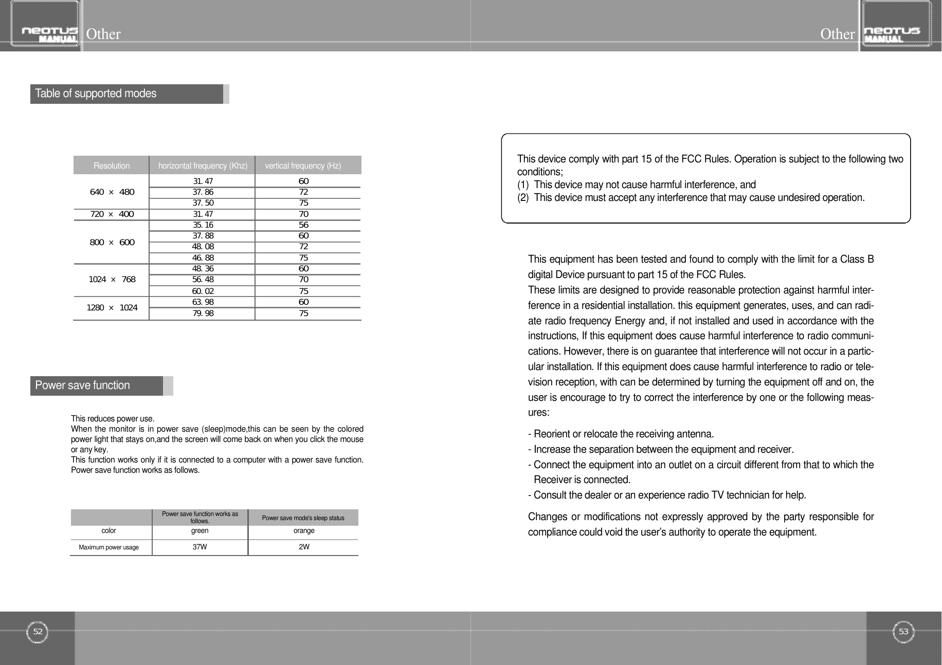 53Other52OtherTable of supported modesPower save functionThis reduces power use.When the monitor is in power save (sleep)mode,this can be seen by the coloredpower light that stays on,and the screen will come back on when you click the mouseor any key.This function works only if it is connected to a computer with a power save function.Power save function works as follows.c o l o r g r e e n o r a n g eMaximum power usage3 7 W 2W Power save function works as f o l l o w s . Power save mode&apos;s sleep statusR e s o l u t i o n horizontal frequency (Khz) vertical frequency (Hz) 31.4760640󰚟×48037.867237.5075720󰚟×40031.477035.1656800󰚟×60037.886048.087246.887548.36601024󰚟×76856.487060.02751280󰚟×102463.986079.9875This equipment has been tested and found to comply with the limit for a Class Bdigital Device pursuant to part 15 of the FCC Rules.These limits are designed to provide reasonable protection against harmful inter-ference in a residential installation. this equipment generates, uses, and can radi-ate radio frequency Energy and, if not installed and used in accordance with theinstructions, If this equipment does cause harmful interference to radio communi-cations. However, there is on guarantee that interference will not occur in a partic-ular installation. If this equipment does cause harmful interference to radio or tele-vision reception, with can be determined by turning the equipment off and on, theuser is encourage to try to correct the interference by one or the following meas-u r e s :- Reorient or relocate the receiving antenna.- Increase the separation between the equipment and receiver.- Connect the equipment into an outlet on a circuit different from that to which theReceiver is connected.- Consult the dealer or an experience radio TV technician for help.Changes or modifications not expressly approved by the party responsible forcompliance could void the user’s authority to operate the equipment.This device comply with part 15 of the FCC Rules. Operation is subject to the following twoc o n d i t i o n s ;(1)  This device may not cause harmful interference, and(2)  This device must accept any interference that may cause undesired operation.